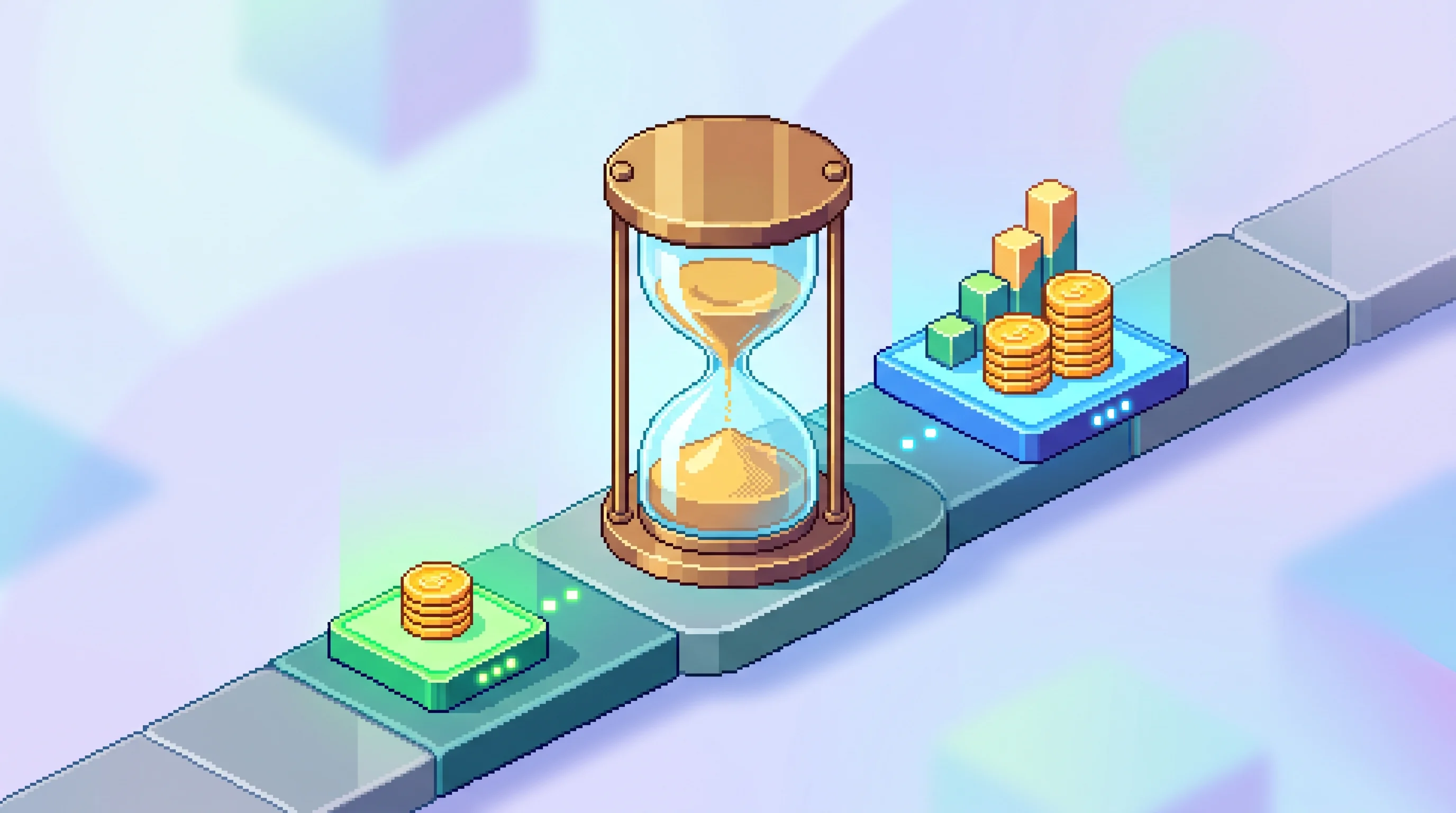 Digital illustration for article section "The Compressed Timeline" in "Cyclops Raises $20M to Build Stablecoin Rails for Payment Giants" - A clean, minimal isometric pixel art composition representing a compressed timeline of rapid financi...