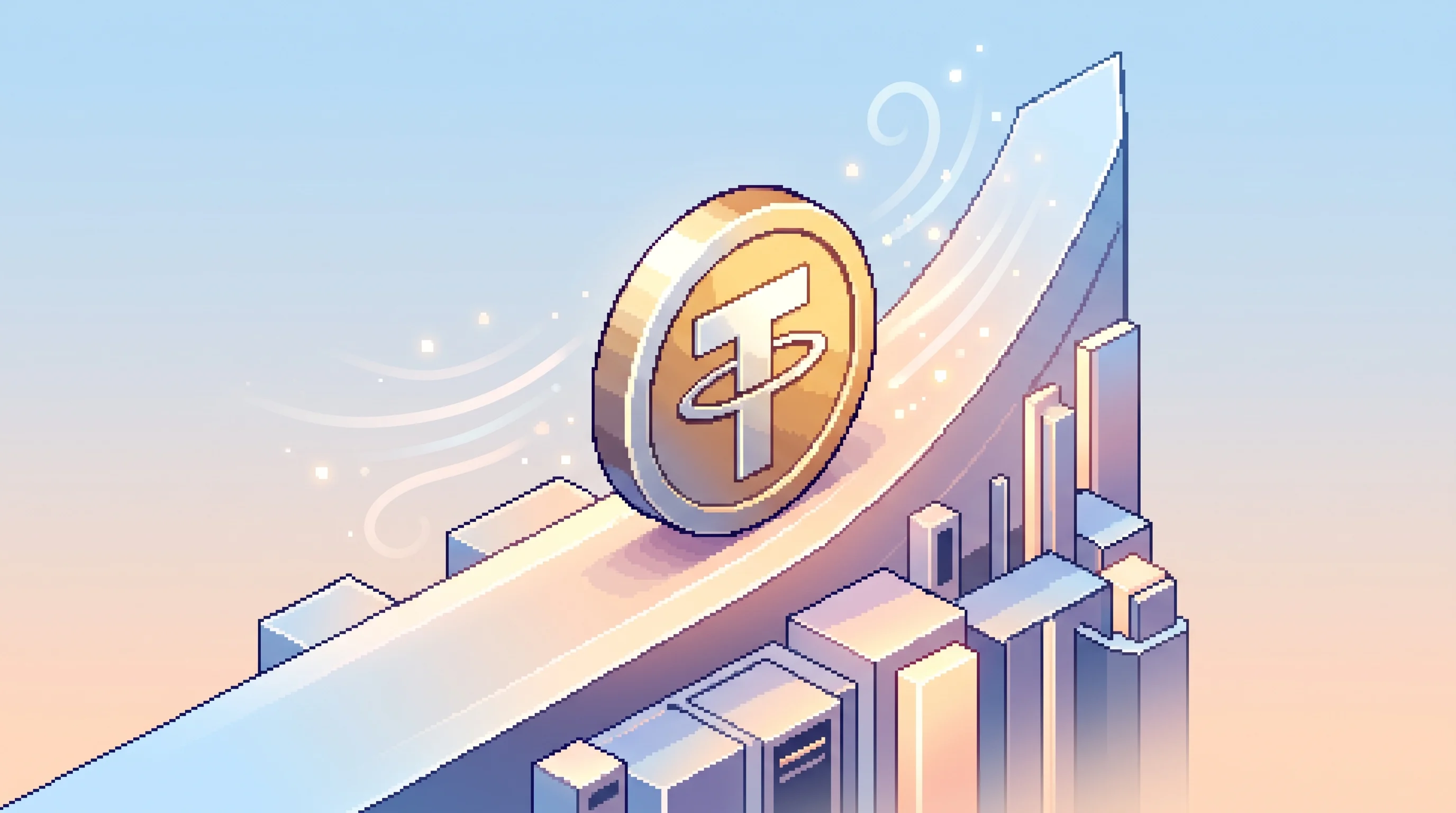 Digital illustration for article section "A Market Riding Regulatory Tailwinds" in "Cyclops Raises $20M to Build Stablecoin Rails for Payment Giants" - A clean, minimalist isometric pixel art illustration representing financial market growth and regula...