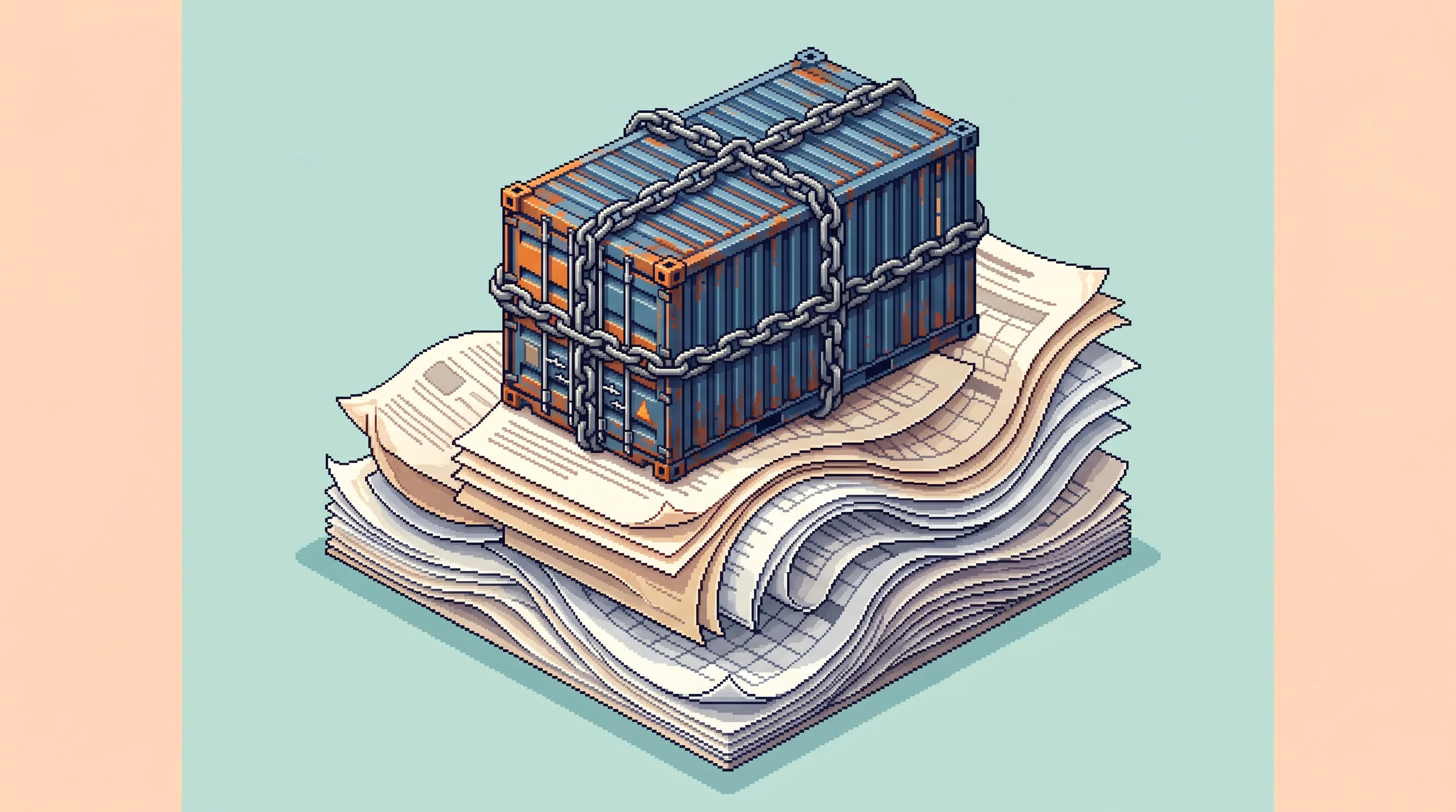Digital illustration for article section "Timing and Tariff Turbulence" in "YC-Backed Donkey Uses AI to Connect US Importers to Chinese Factories" - An isometric pixel art illustration representing timing and tariff turbulence in international trade...