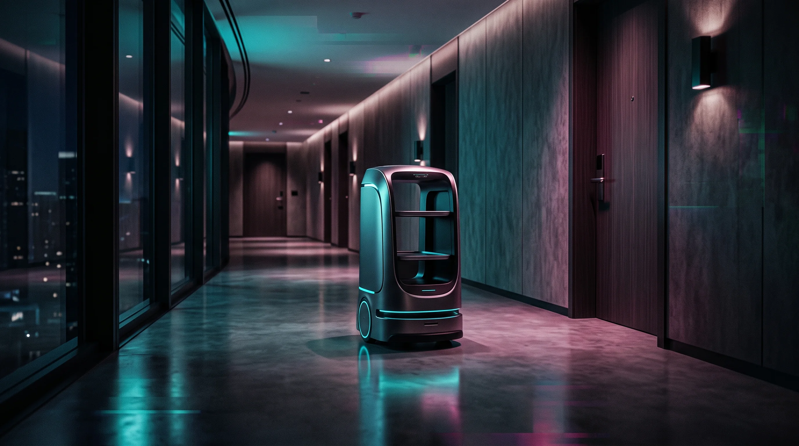 Digital illustration for article section "Who's Actually Doing It" in "Semi-Humanoid Robots Enter Hotel Kitchens as Labor Crunch Persists" - A sleek, minimalist modern hotel corridor featuring a single, elegant autonomous service robot glidi...