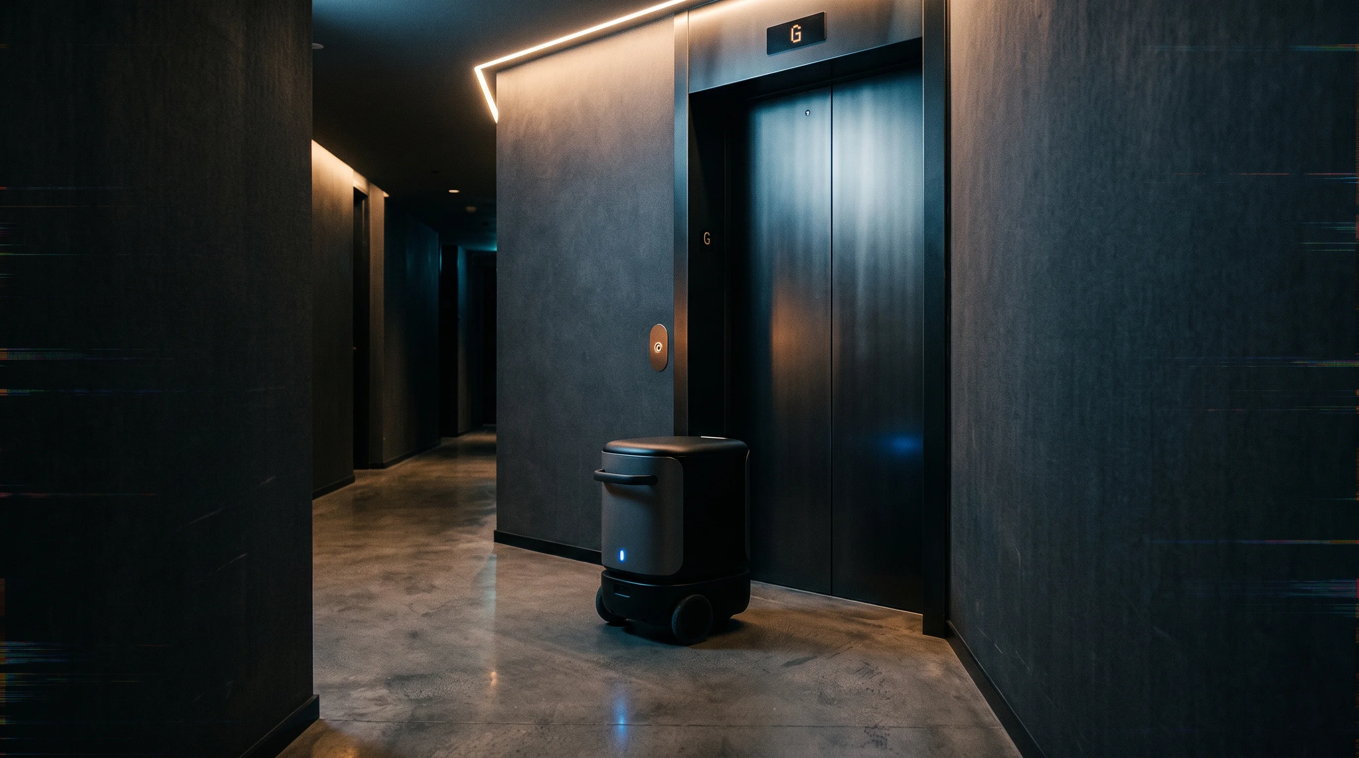 Digital illustration for article section "The Hard Parts Remain" in "Semi-Humanoid Robots Enter Hotel Kitchens as Labor Crunch Persists" - A sleek, minimalist, non-humanoid hospitality delivery robot paused within the tight constraints of ...