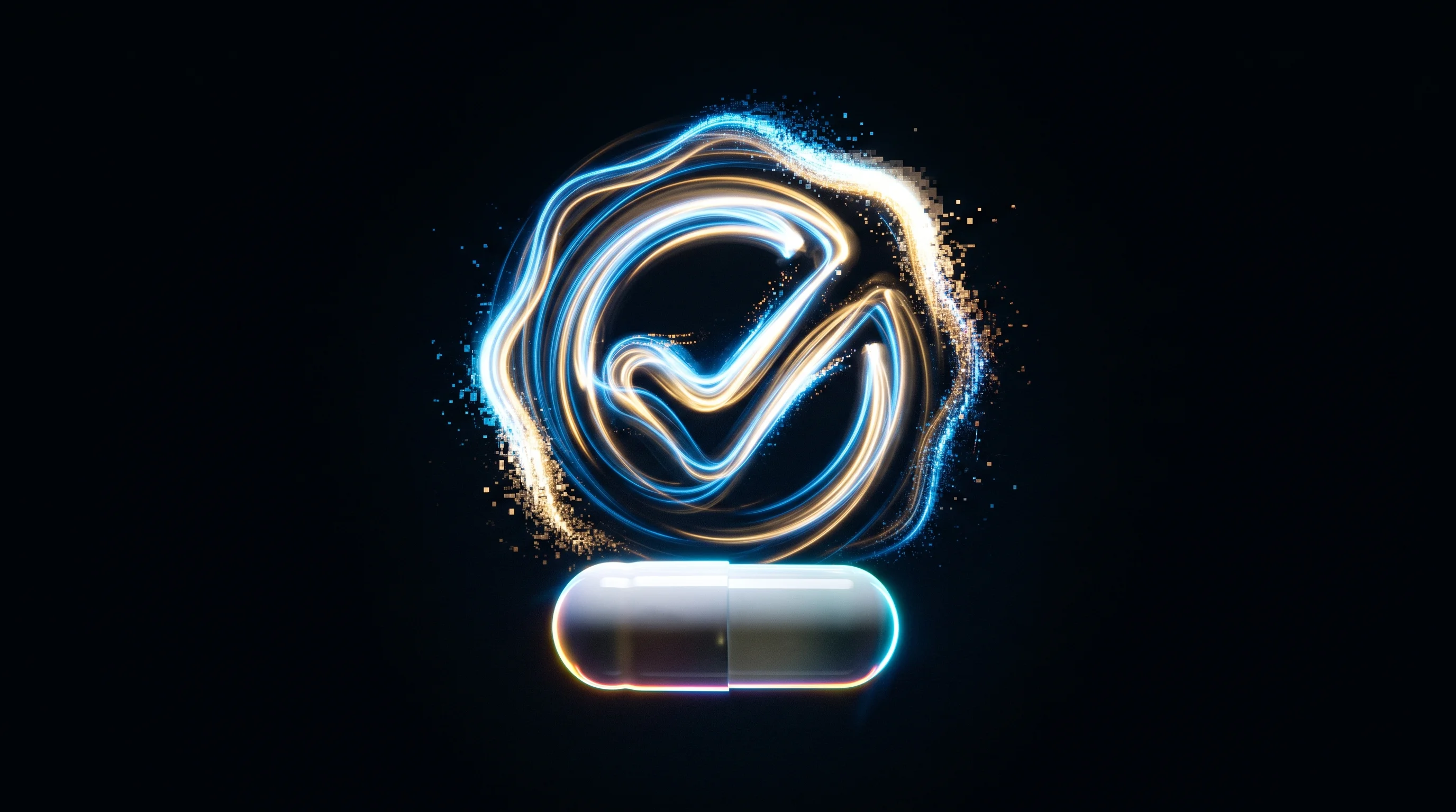 Digital illustration for article section "Regulatory Reckoning" in "AI Models Predict Drug Response, Promising Faster Clinical Trials" - A solitary, minimalist medical capsule positioned precisely in the center of a pitch-black backgroun...
