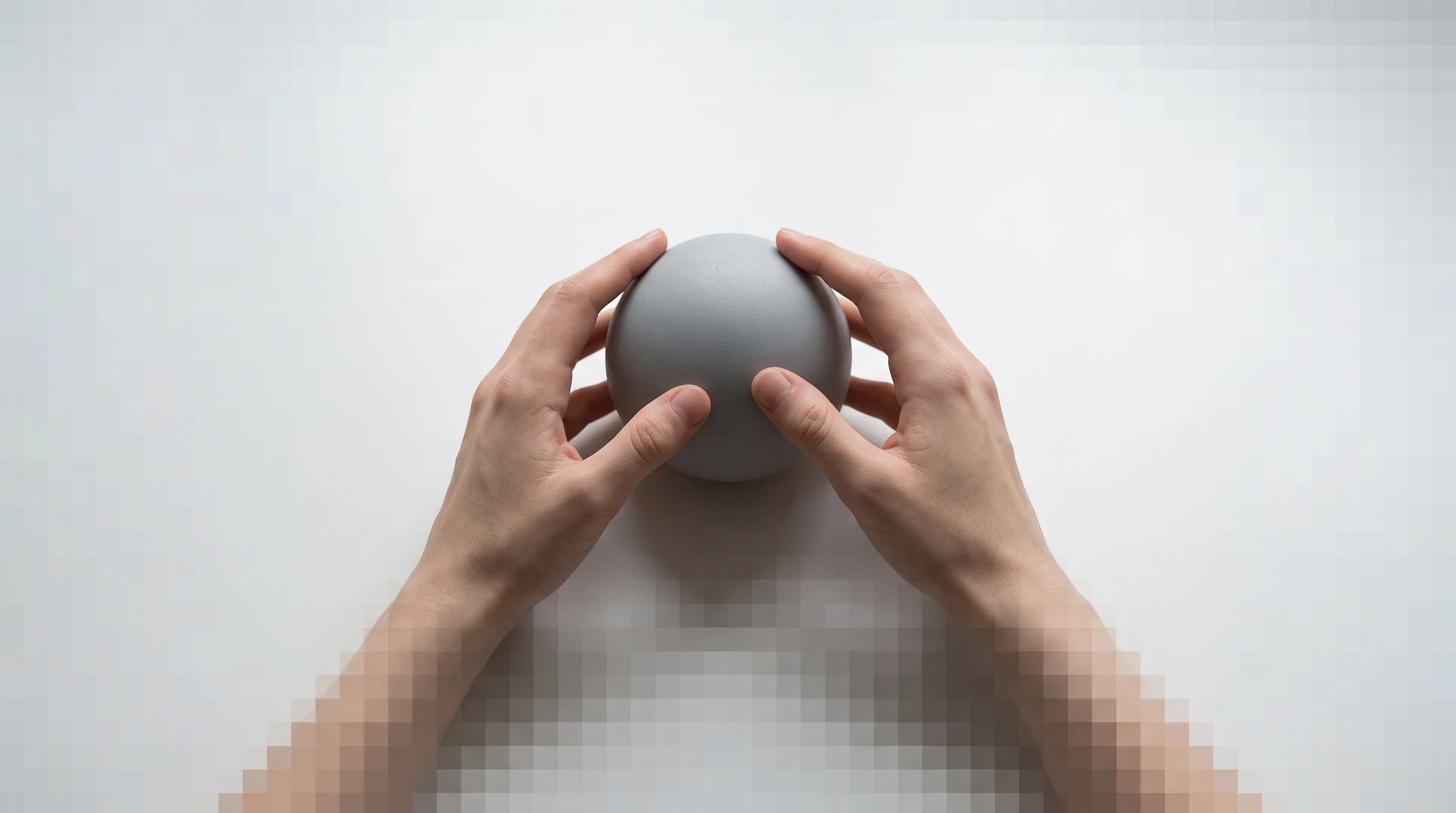 Digital illustration for article section "Why First-Person Video Matters" in "Inside the Race to Build Physical AI's Data Infrastructure" - A clean, minimalist first-person perspective looking down at a pair of anonymous, unidentifiable han...