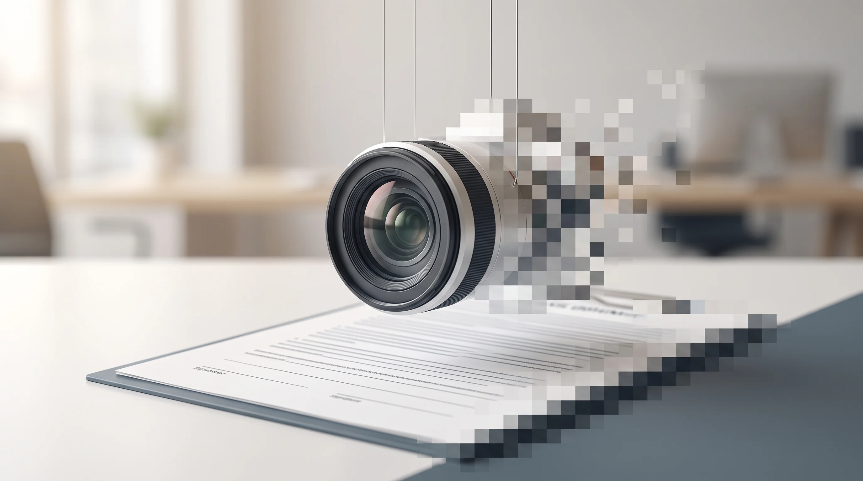 Digital illustration for article section "The Legal Minefield" in "Inside the Race to Build Physical AI's Data Infrastructure" - A conceptual and minimalist composition featuring a sleek, modern camera lens suspended delicately o...