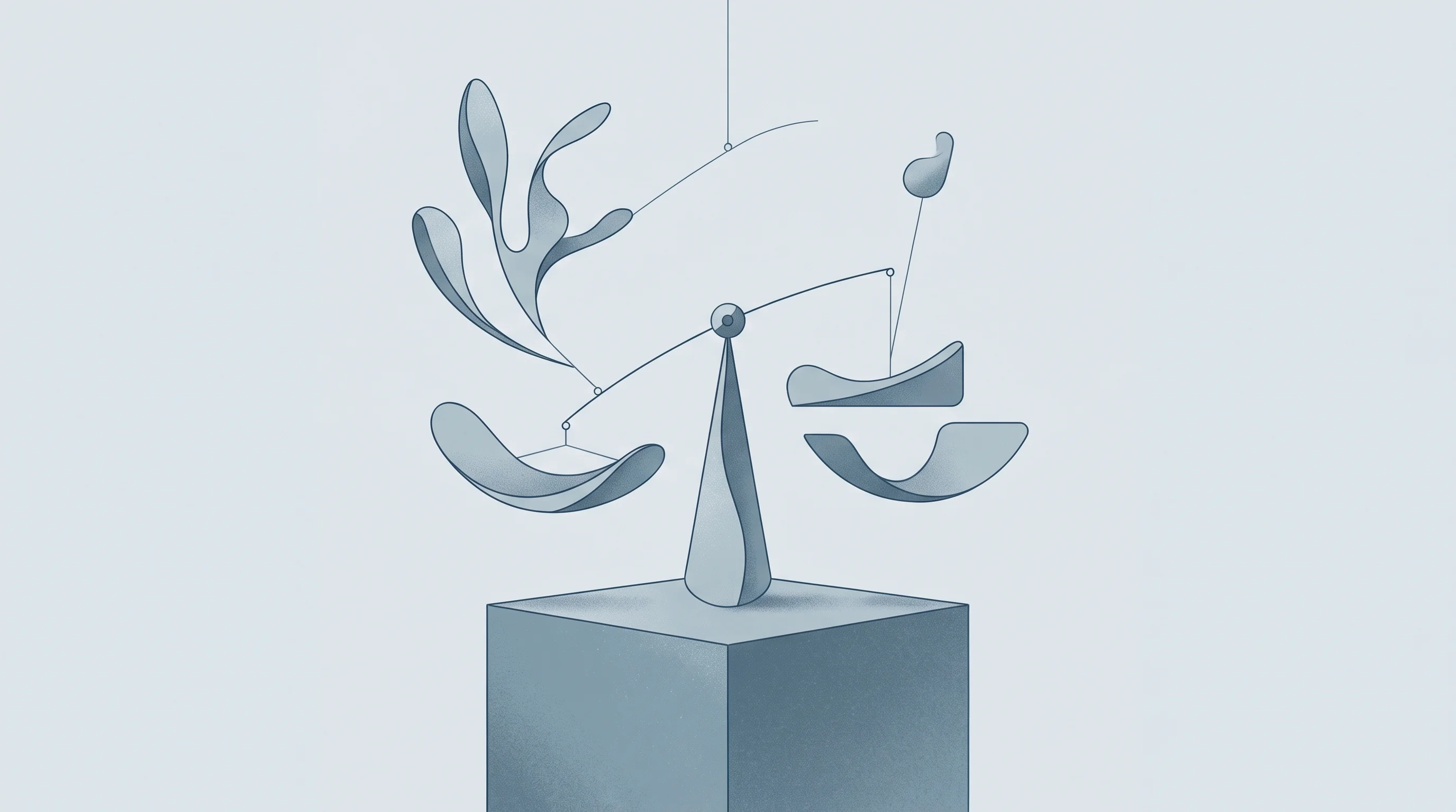 Digital illustration for article section "Trust and the Agentic AI Moment" in "YC-Backed Poth Labs Launches AI Agent to Decode User Behavior" - A conceptual, neo-vintage illustration of a delicate, precisely balanced kinetic mobile suspended ab...