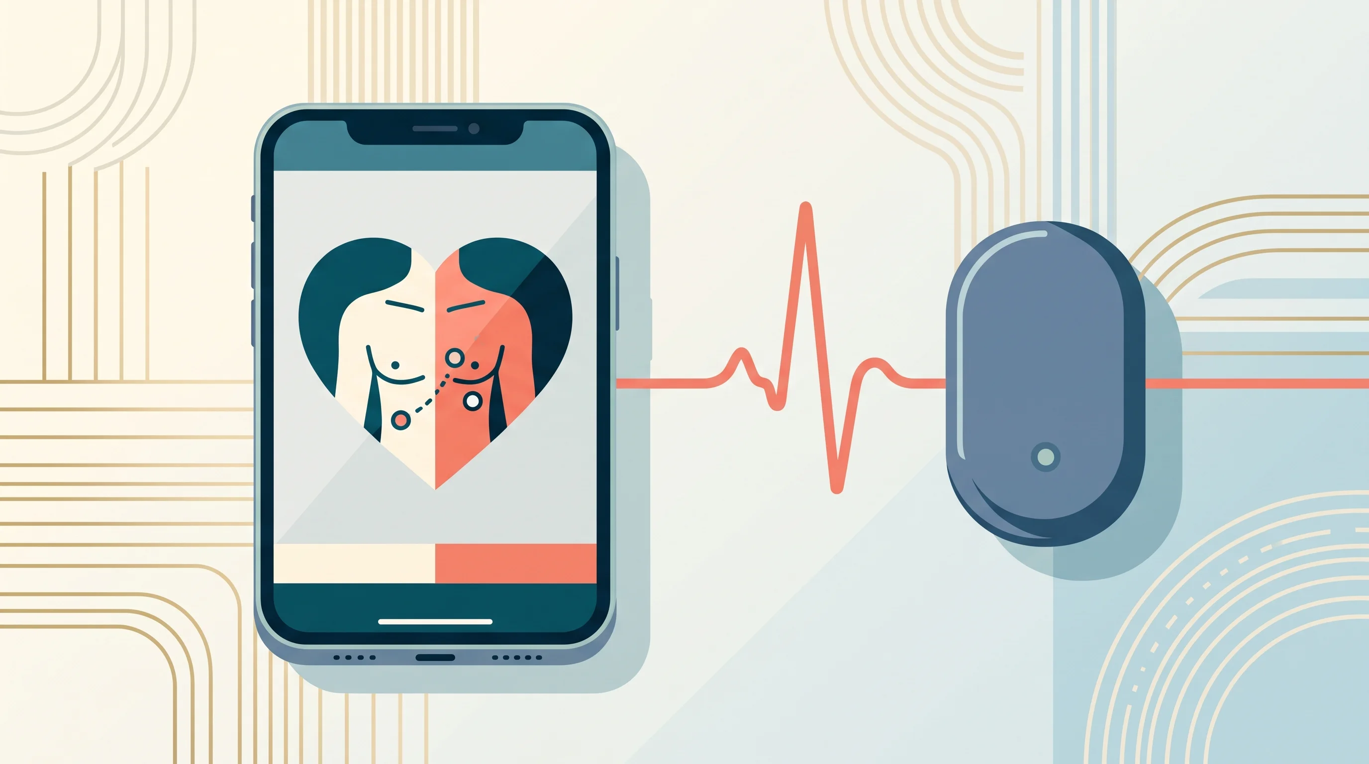 Digital illustration for article section "The Mechanics of Remote Monitoring" in "D-Heart's Smartphone ECG Brings 24/7 Telecardiology to Global Markets" - A sleek, modern smartphone displaying a clean, minimalist interface of a heart with step-by-step vis...