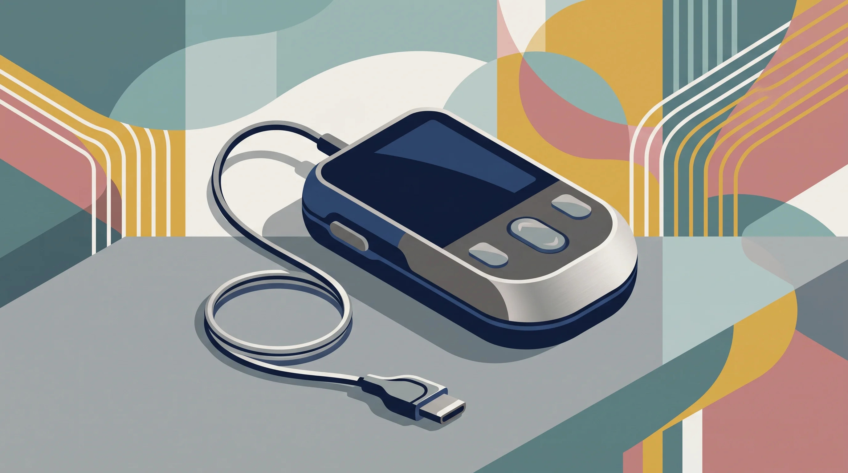 Digital illustration for article section "A Crowded Field" in "D-Heart's Smartphone ECG Brings 24/7 Telecardiology to Global Markets" - A conceptual, modern illustration of a sleek, portable home ECG device featuring a distinct, elegant...