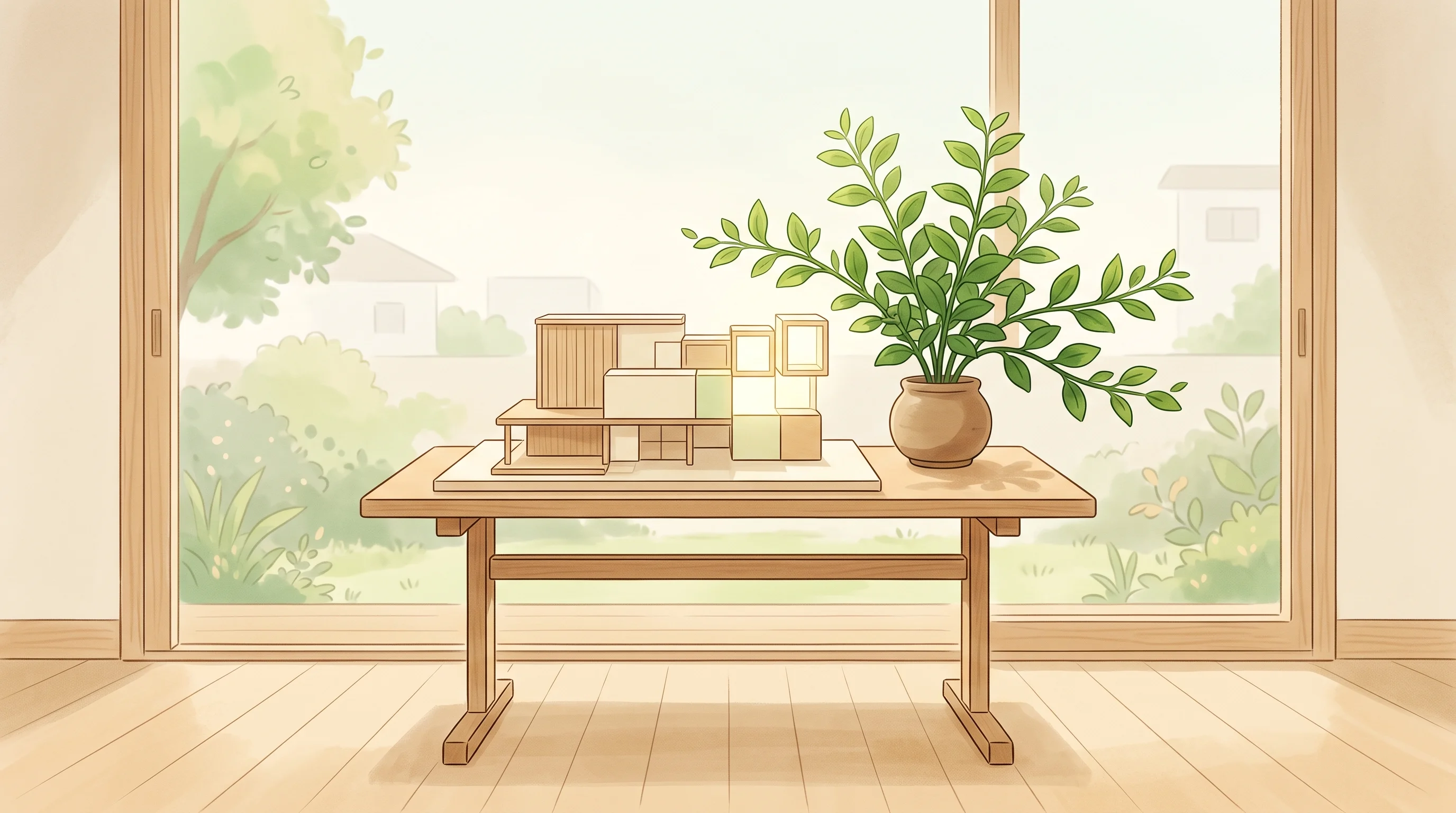Digital illustration for article section "What Comes Next" in "Kintai Raises €10M Series A to Democratize SME Finance in Europe" - A minimalist, Japanese-inspired illustration of a serene, modern workspace symbolizing future compan...
