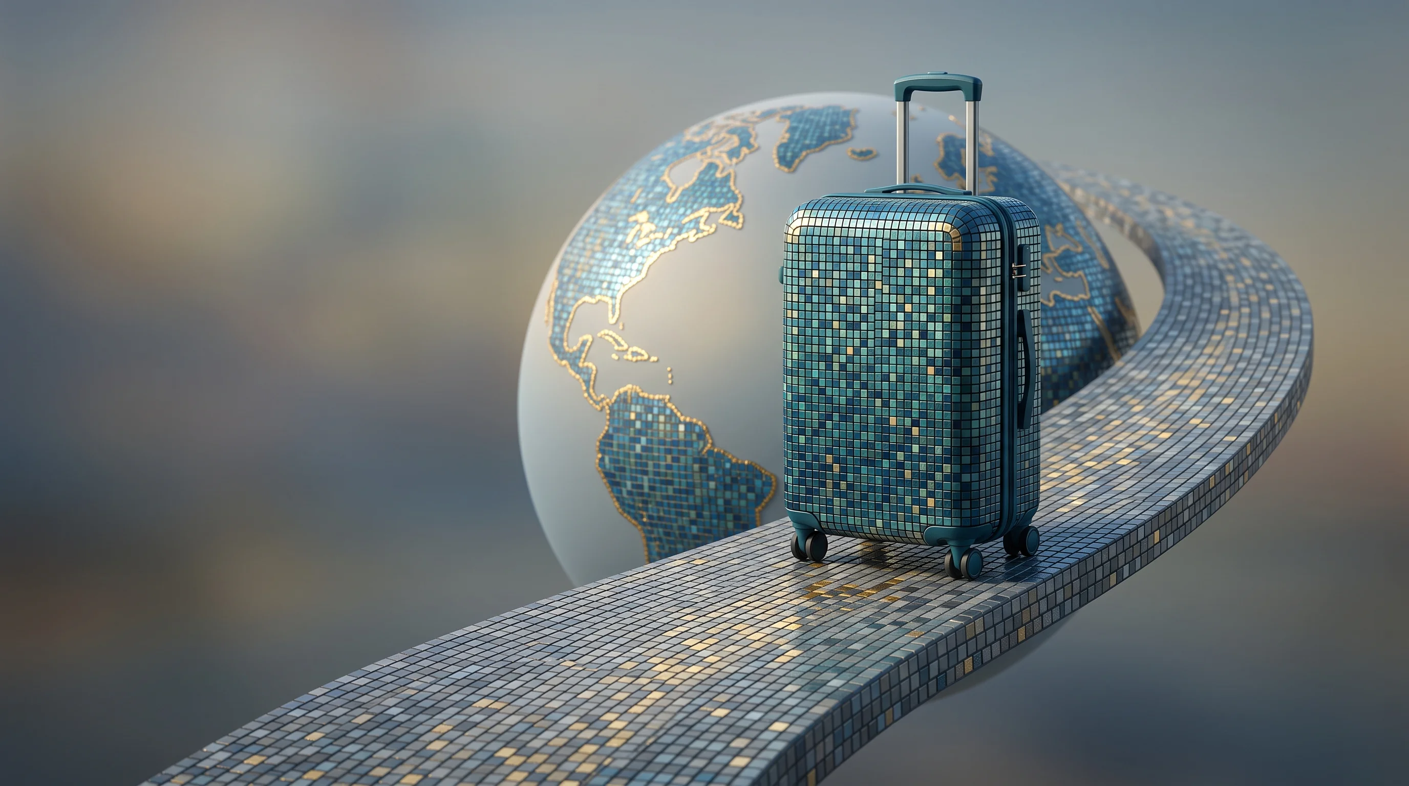 Digital illustration for article section "The Market—and the Problem" in "Wheel the World's Path from $2M Seed to Accessible Travel Platform" - A sleek, minimalist piece of modern travel luggage resting on a smooth, gently ascending pathway tha...