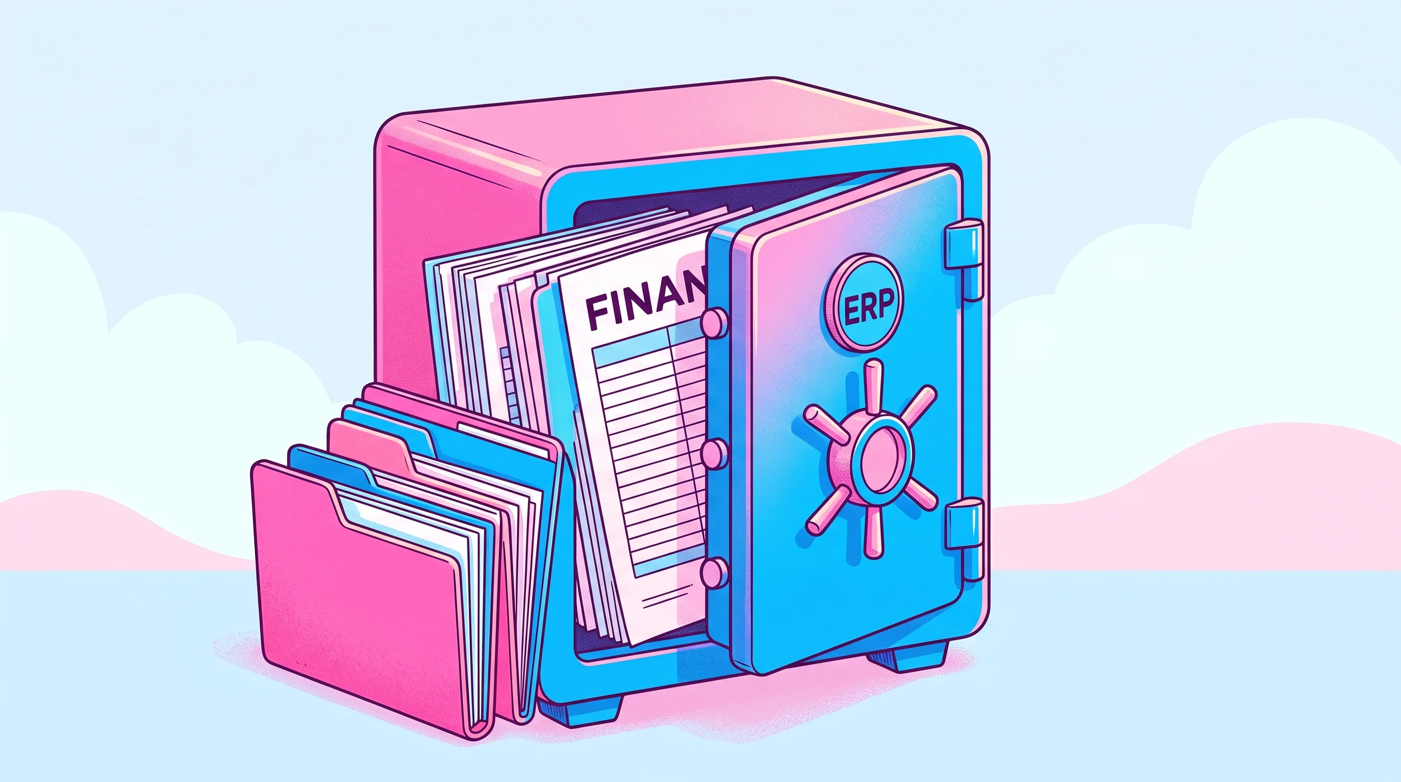 Digital illustration for article section "ERPs First, Everything Else Later" in "YC-Backed TrustAI Launches AI Agent Governance Platform for ERPs" - A conceptual and minimal illustration focusing on a central, stylized secure vault representing a fo...