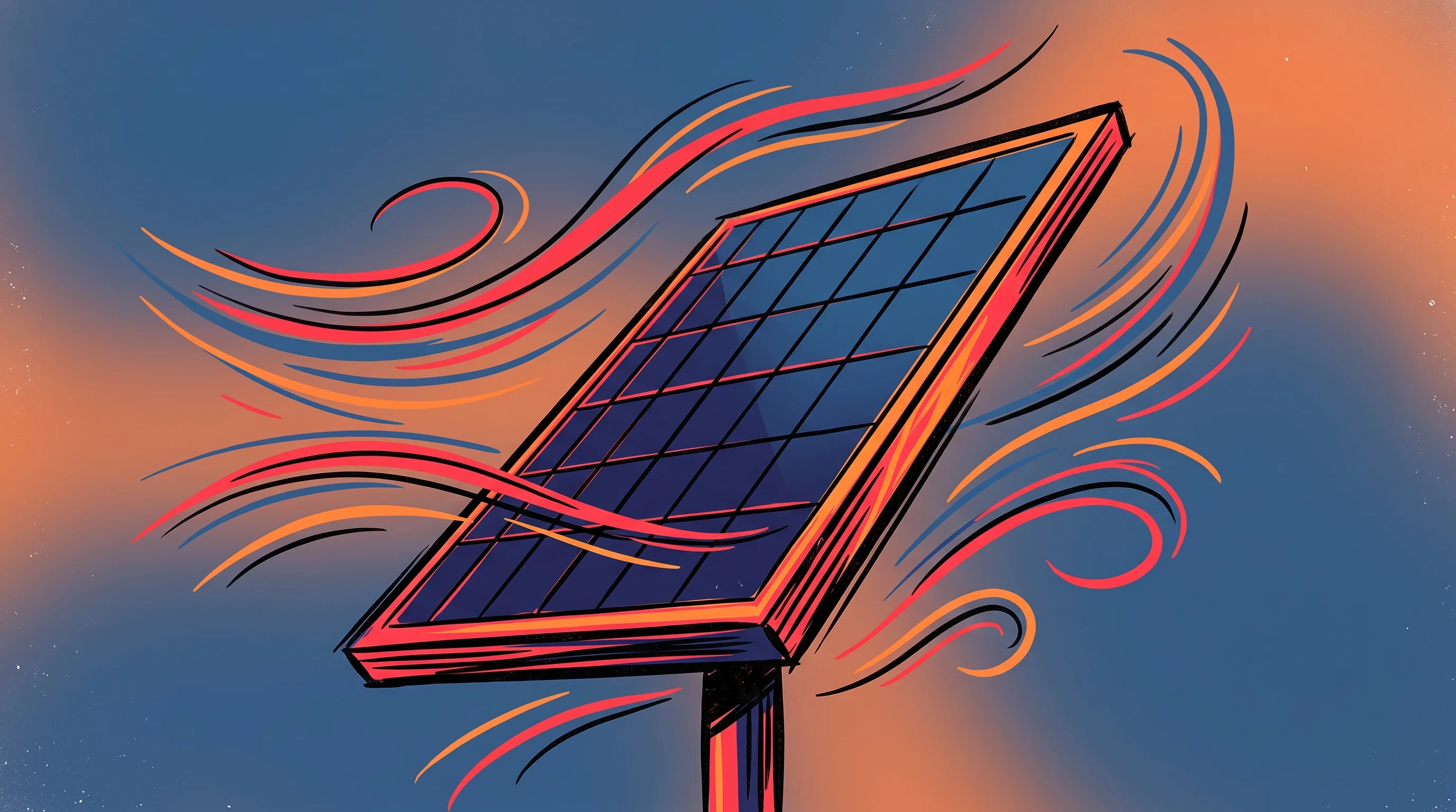 Digital illustration for article section "Tailwinds and Headwinds" in "Gritt Exits Stealth with $32.4M to Automate Solar Construction" - A clean and minimal conceptual illustration of a single, sleek utility-scale solar panel angled shar...