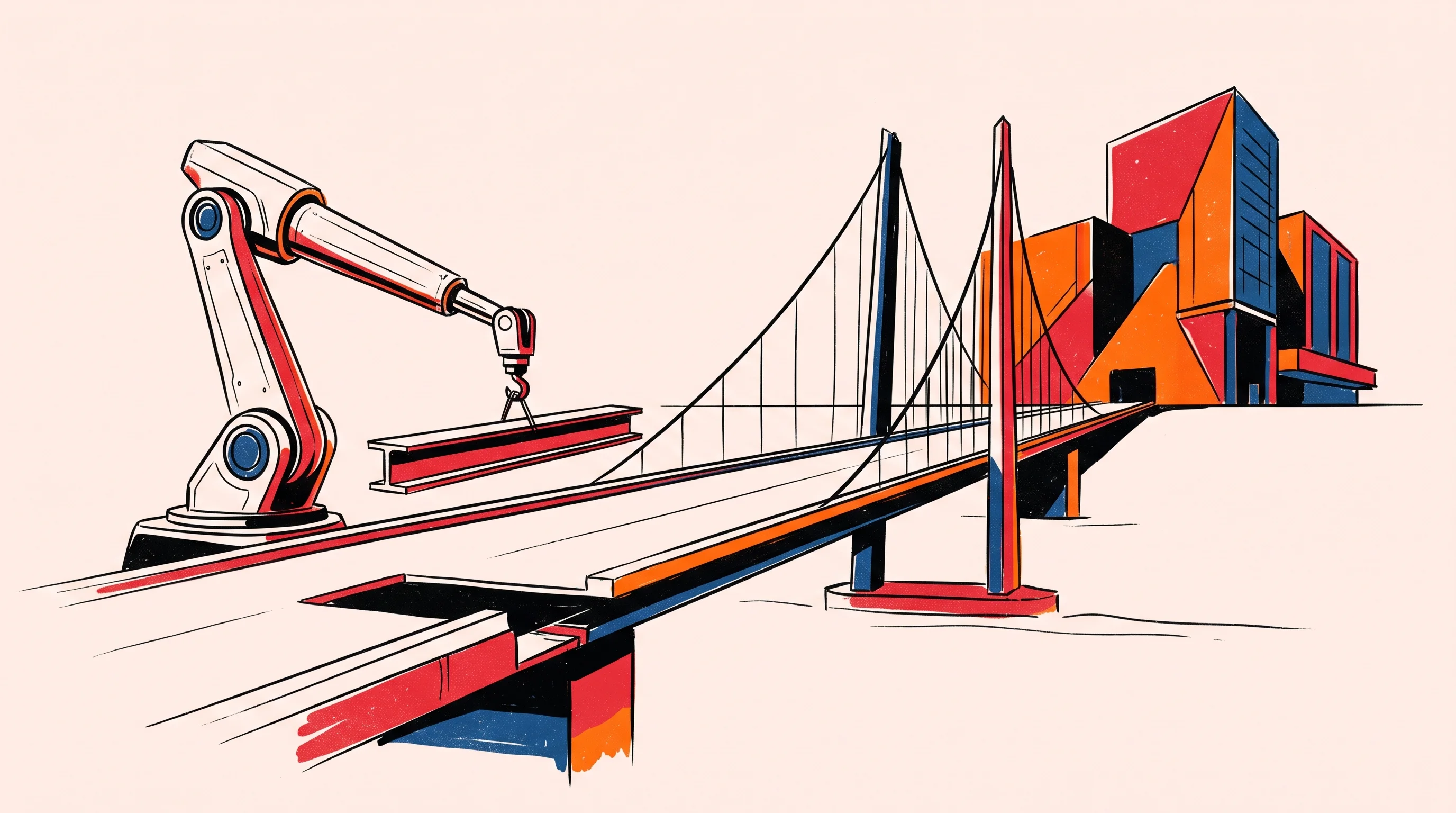 Digital illustration for article section "Beyond the Solar Farm" in "Gritt Exits Stealth with $32.4M to Automate Solar Construction" - A clean, minimalist conceptual visualization of a sleek, modern suspension bridge extending toward a...