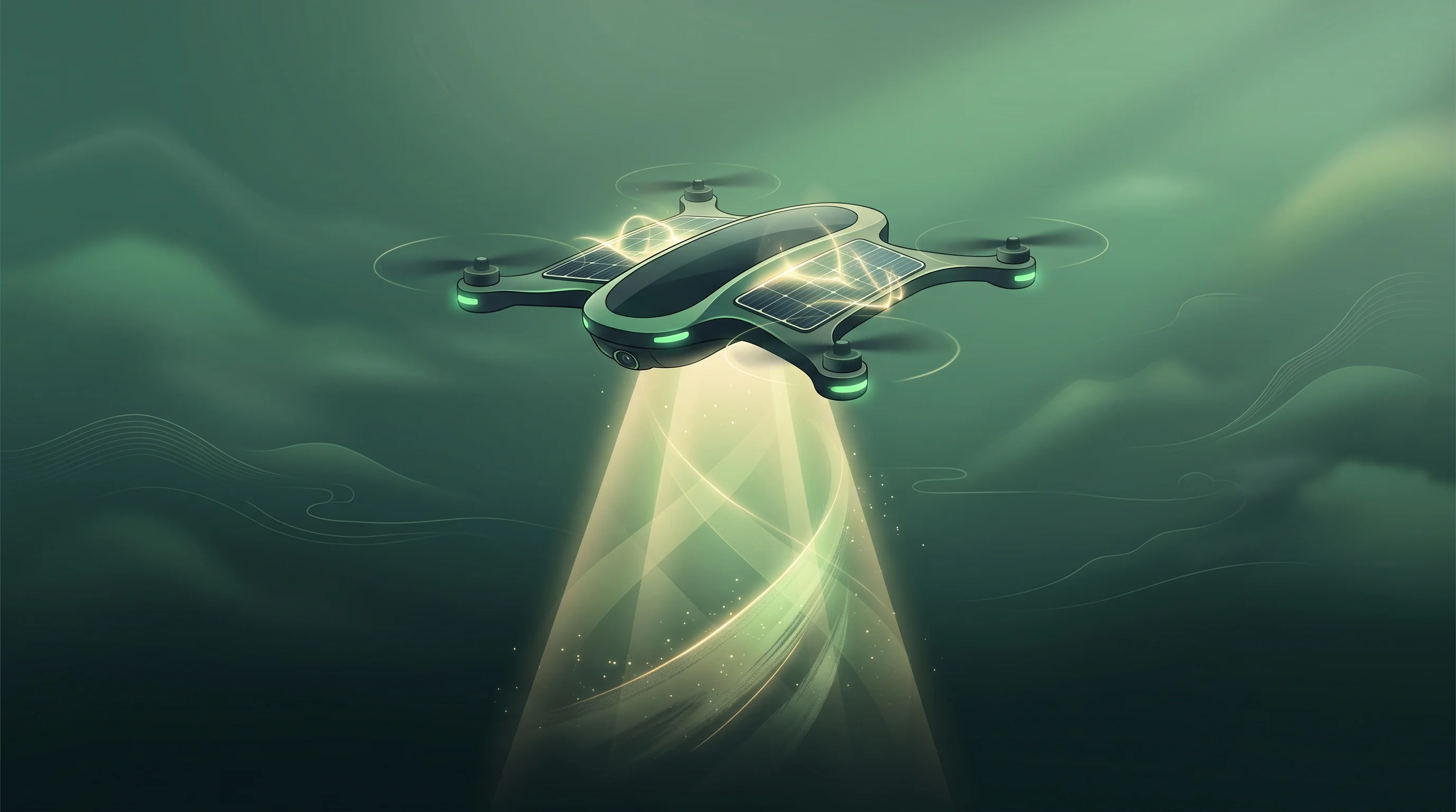 Digital illustration for article section "Proving the Physics" in "ORiS Space Raises $5.7M to Beam Power to Satellites via Laser" - A sleek, modern hovering drone suspended in a minimalist, uncluttered airspace, its integrated solar...