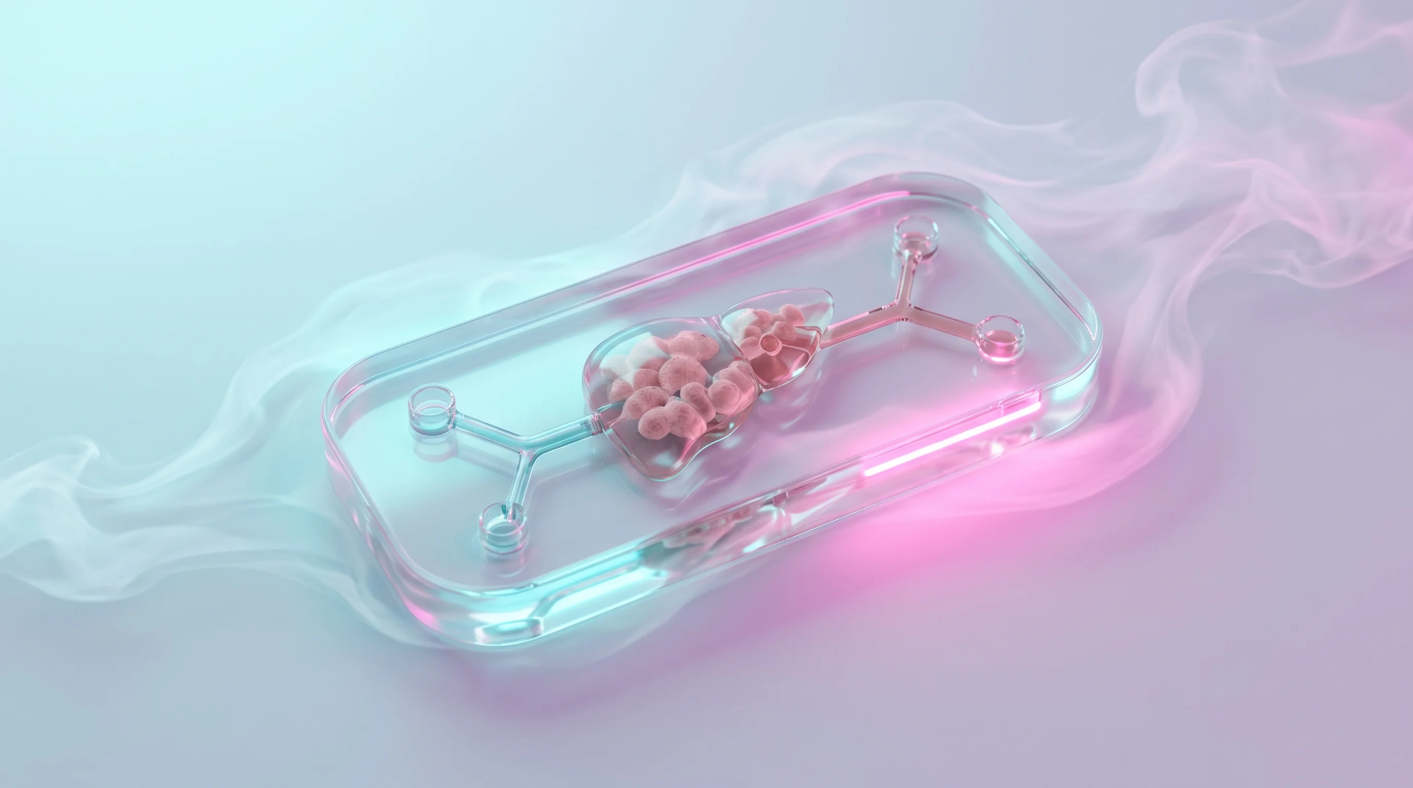 Digital illustration for article section "Toxicity Before Trials" in "AI Predicting Drug Response: The Race to Fix Clinical Trials" - A sleek, minimalist conceptual representation of a human Liver-Chip used for predicting drug toxicit...