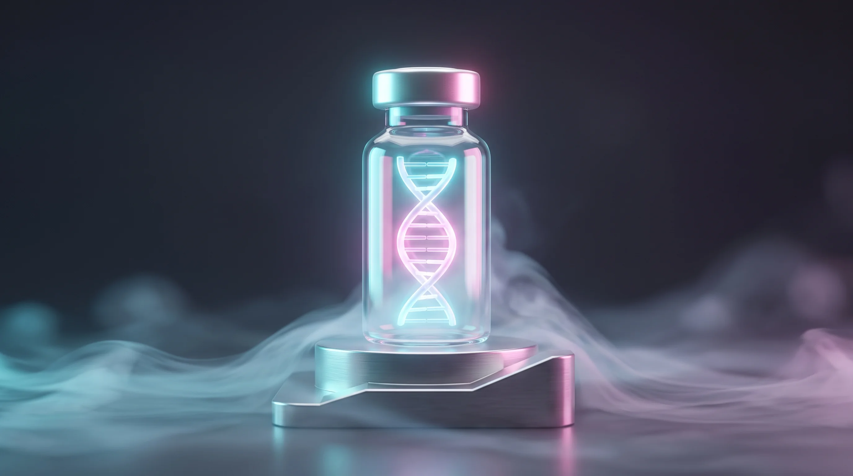 Digital illustration for article section "The Big Money Moving In" in "AI Predicting Drug Response: The Race to Fix Clinical Trials" - A pristine, minimalist glass medical vial containing an abstract, softly glowing DNA helix stands as...