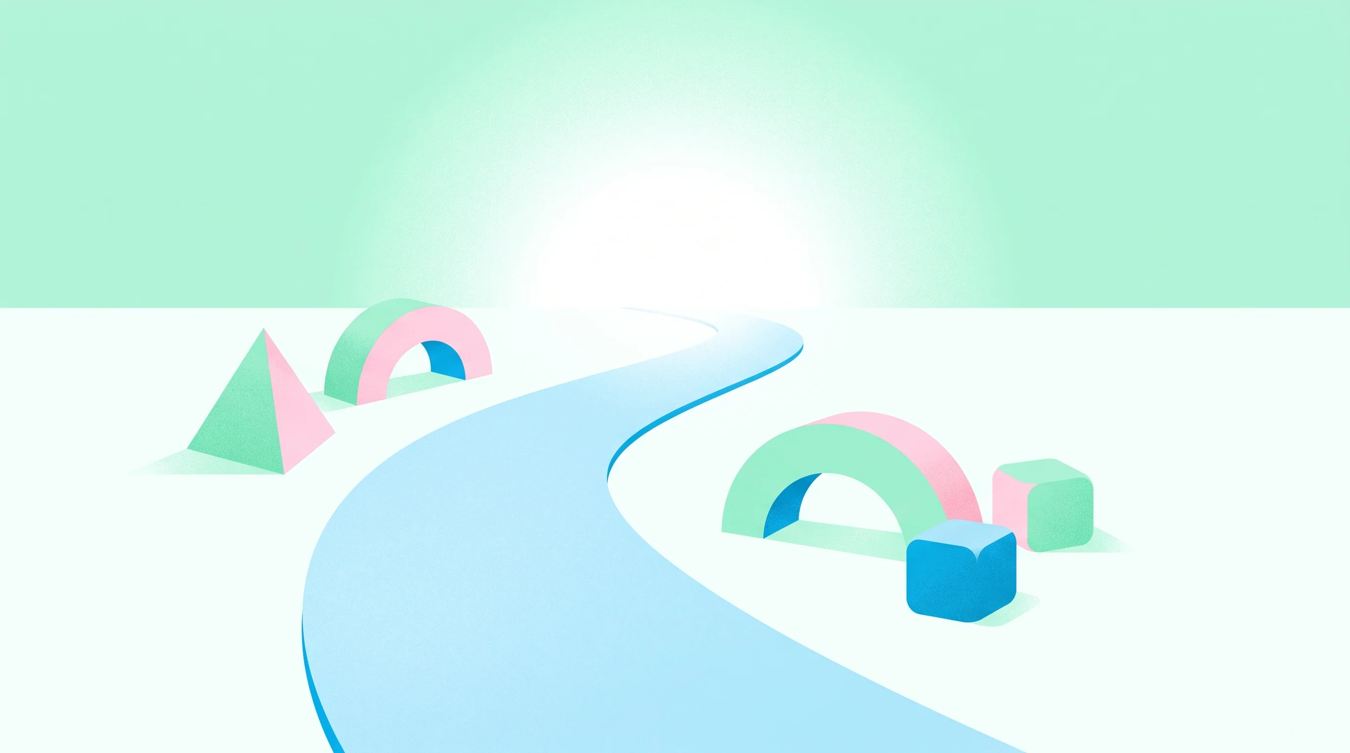 Digital illustration for article section "The Year Ahead" in "How Rekursiv.ai's Self-Improving AI Scientists Cut Research Costs 10,000x" - A minimalist, conceptual illustration of a smooth, stylized pathway curving upwards toward a distant...