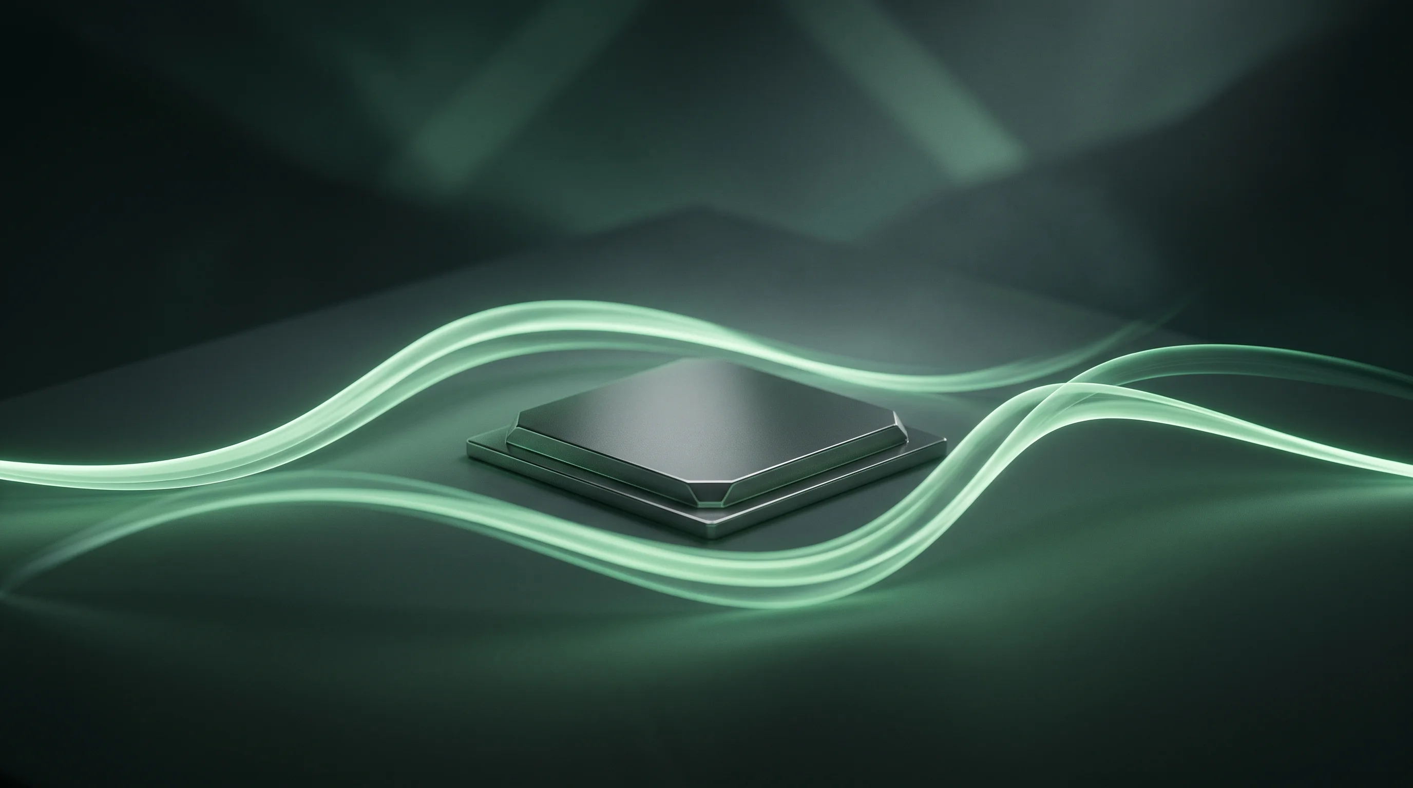 Digital illustration for article section "From Lab Demos to Real Stakes" in "AI Agents Race to Automate Chip Design's Biggest Bottleneck" - A sleek, minimalist metallic processor core rests at the center of a smooth, uncluttered surface, vi...