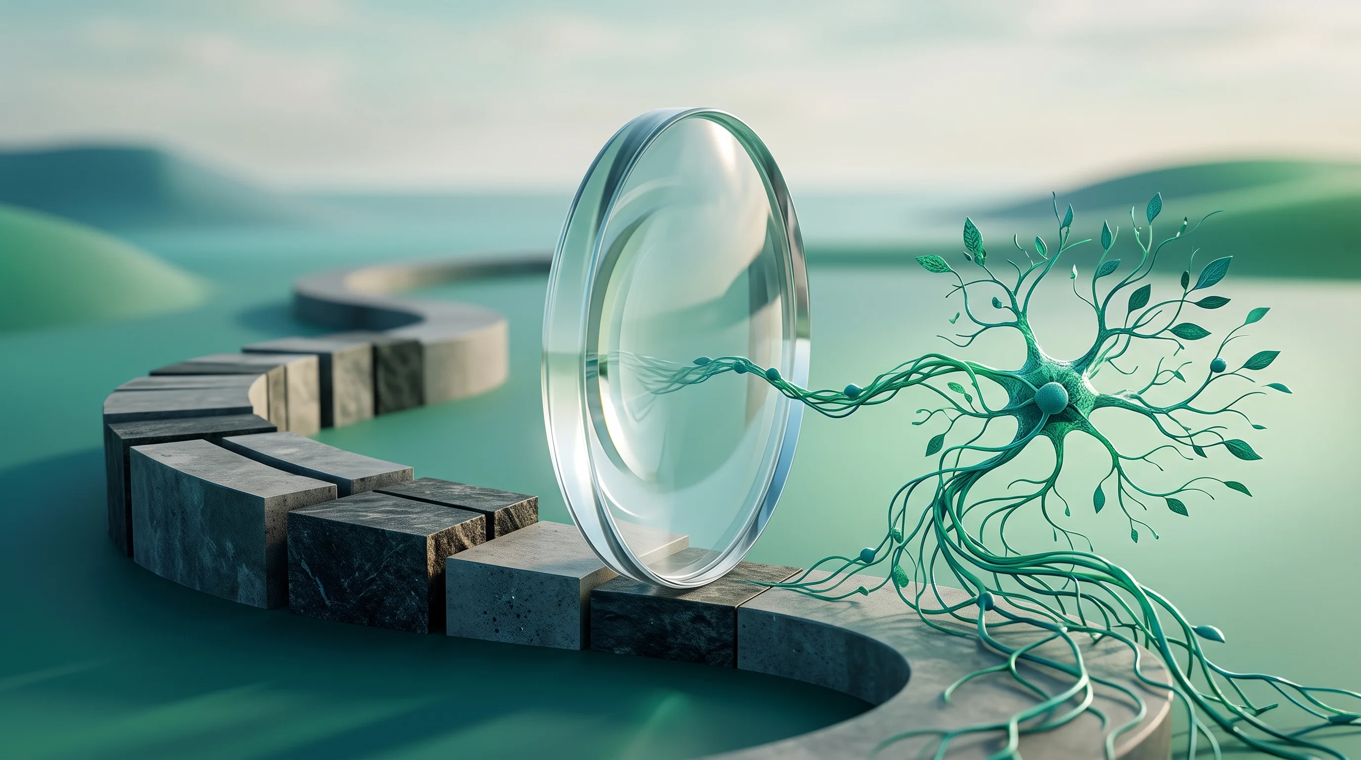 Digital illustration for article section "The Path Gets Complicated" in "Brain Cells as Computers: Inside the Biotech Race to Power AI" - A surreal, minimalist conceptual artwork representing a complicated trajectory and the delicate bala...
