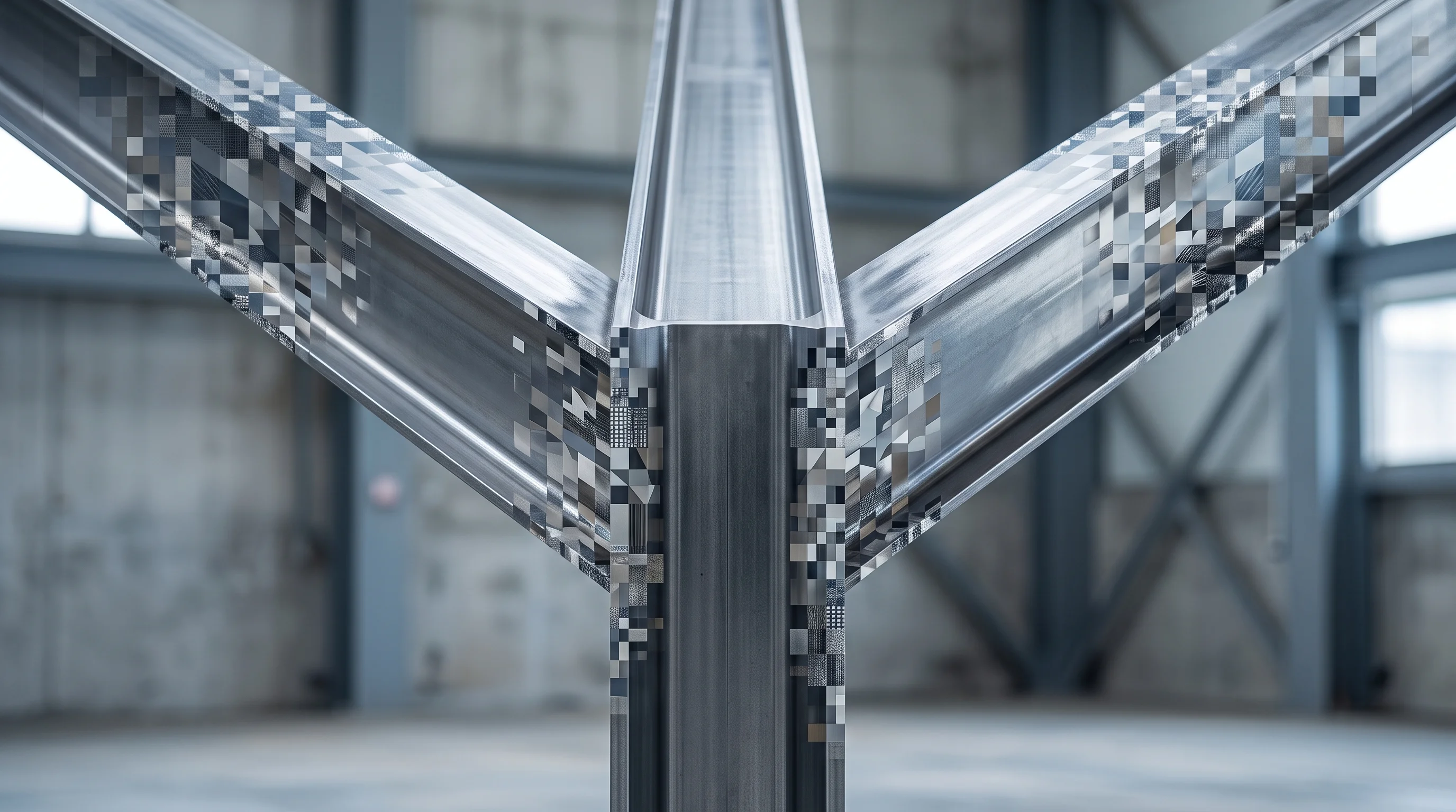 Digital illustration for article section "Three Converging Forces" in "SpaceX Alumni Raise $15M to Automate Steel Fabrication for AI Era" - A clean, minimal, and modern conceptual image featuring three massive, polished steel I-beams conver...