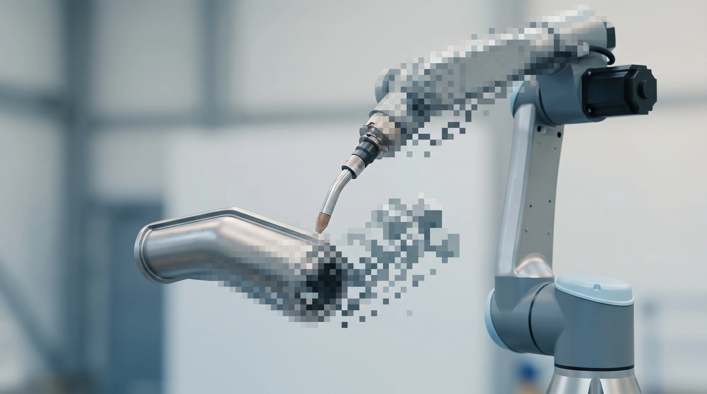 Digital illustration for article section "Software as Factory" in "SpaceX Alumni Raise $15M to Automate Steel Fabrication for AI Era" - A sleek, modern robotic welding arm assembling a smooth metal component in a clean, minimalist facto...