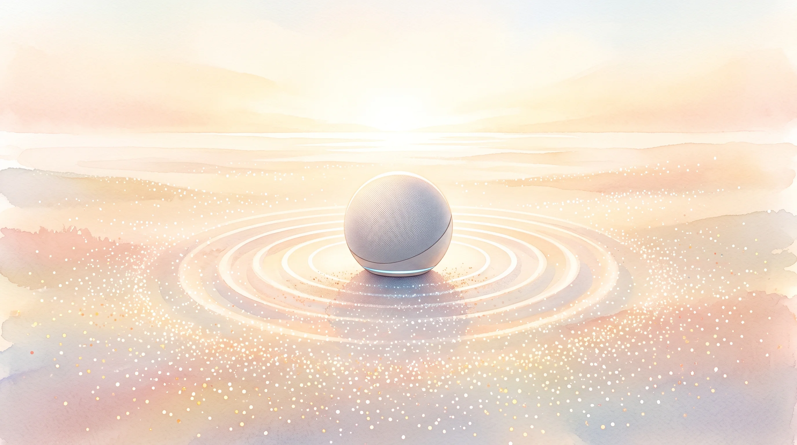 Digital illustration for article section "What's Next" in "telli Raises $15M Seed to Replace Human Phone Sales with AI Agents" - A minimalist, sleek voice interface sphere resting in the center of a serene, open landscape, emitti...