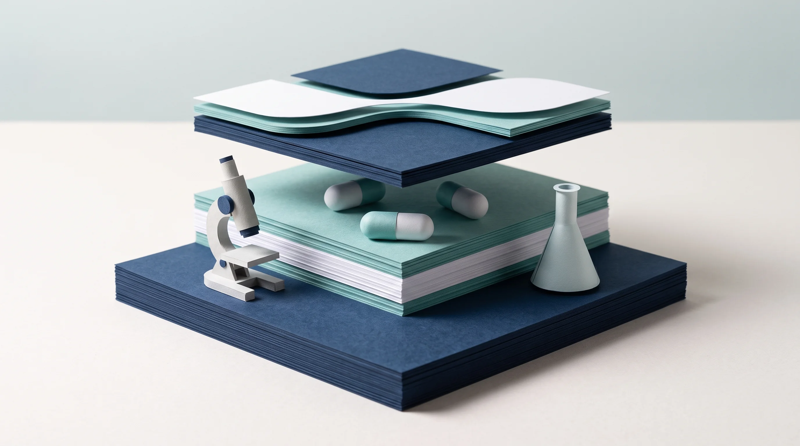 Digital illustration for article section "A Crowded, Fragmented Field" in "Cheiron's $8M Seed Signals Race to Build Operating Systems for Drug R&D" - A minimalist, conceptual 3D papercraft diorama representing the integration of new architectural lay...