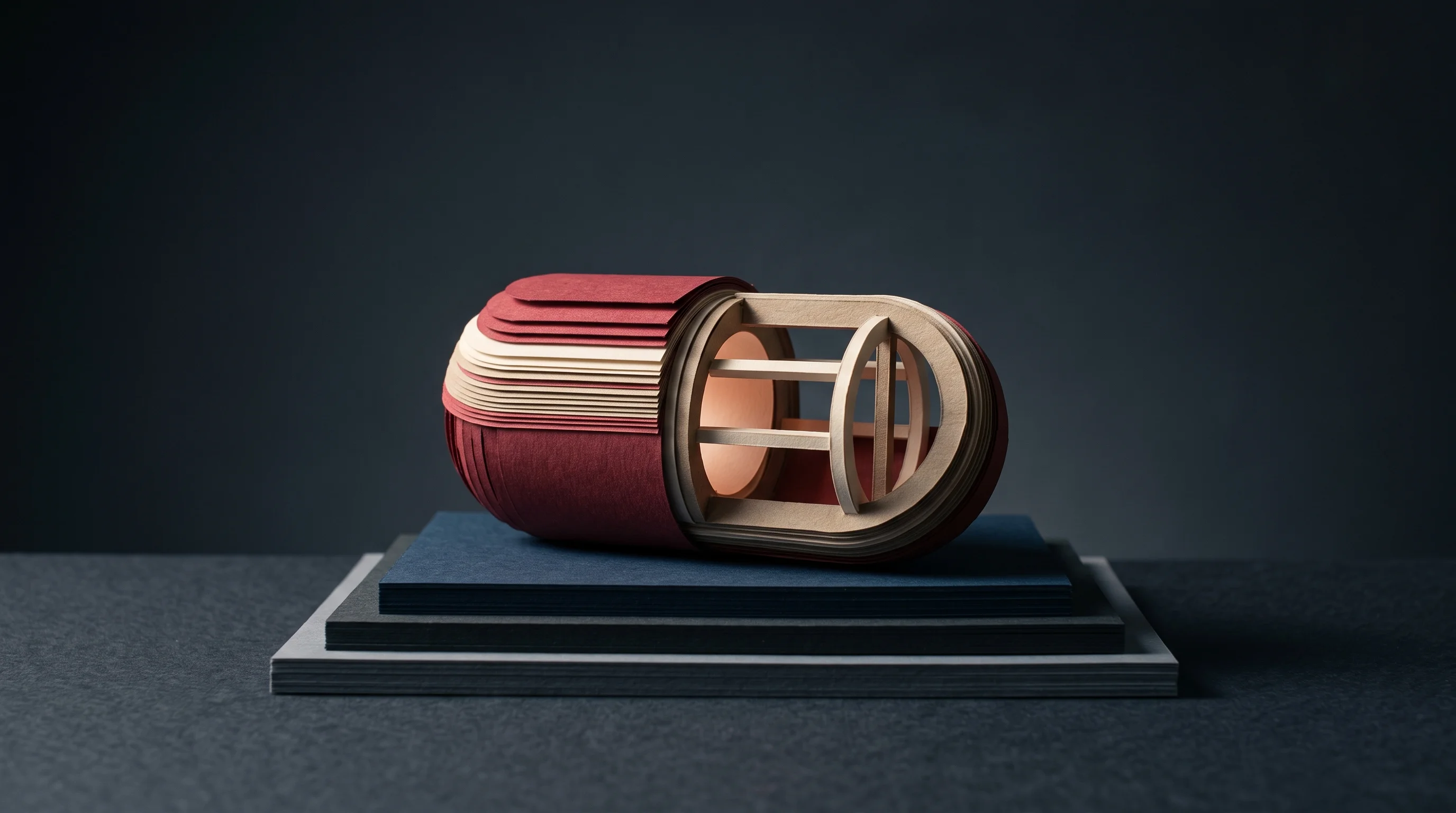 Digital illustration for article section "What Comes Next" in "Cheiron's $8M Seed Signals Race to Build Operating Systems for Drug R&D" - A conceptual and minimalist 3D papercraft diorama of a single, oversized medicinal capsule in the pr...