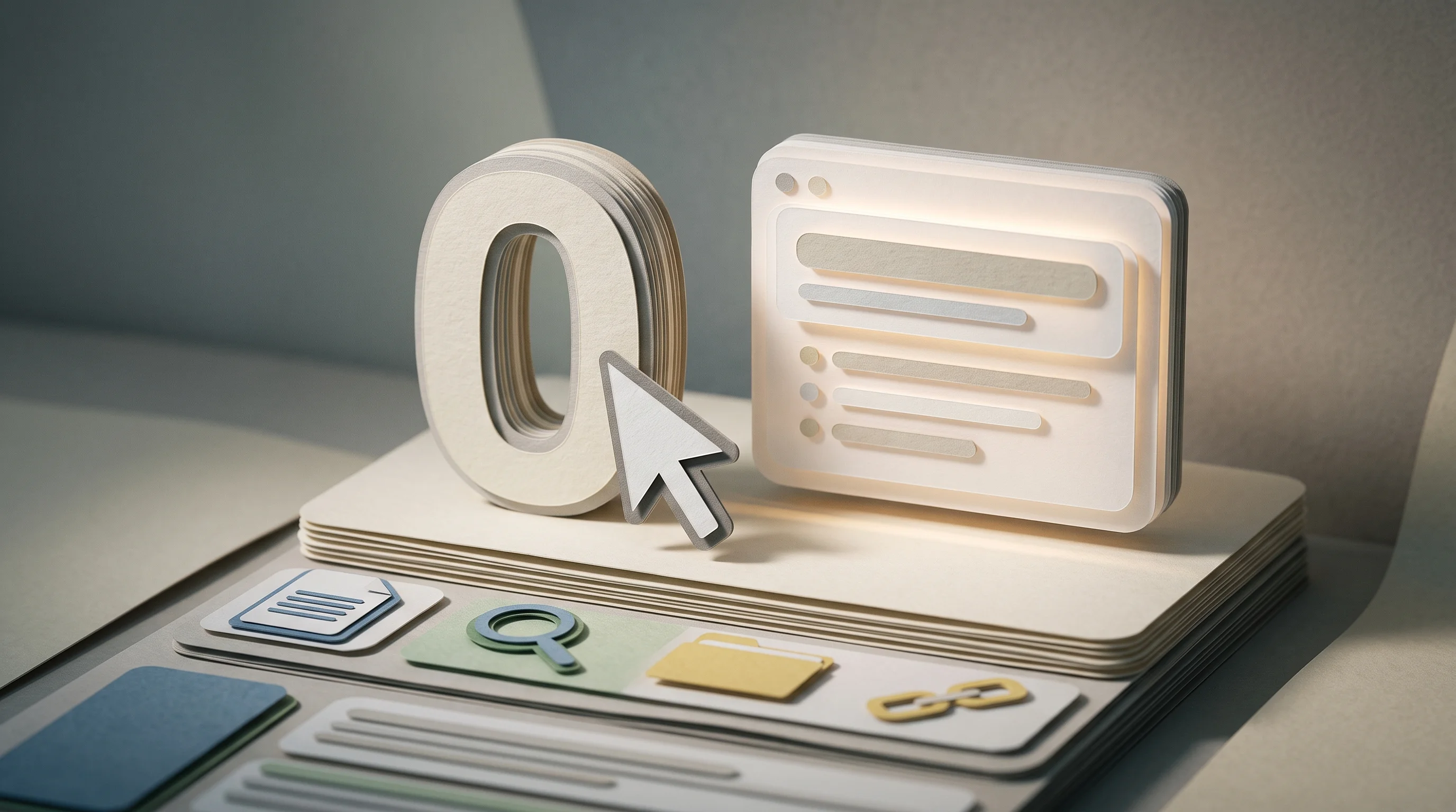 Digital illustration for article section "The Zero-Click Problem" in "Petra Labs Raises $5.2M to Bring AI Search Visibility to Enterprise" - A conceptual 3D papercraft diorama representing the "zero-click" search problem, featuring a minimal...