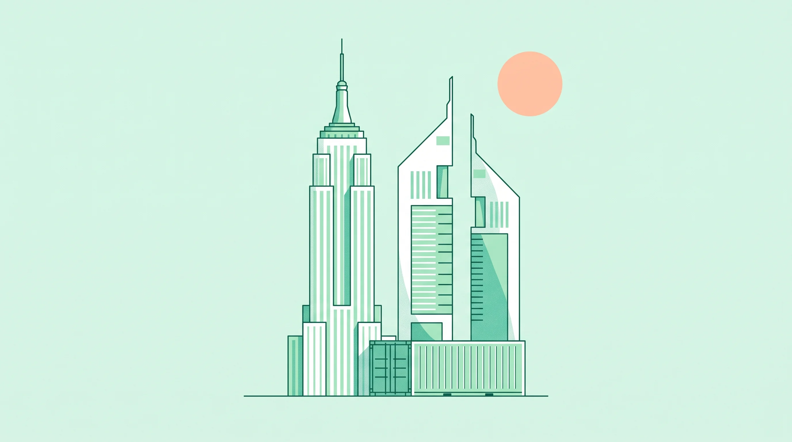 Digital illustration for article section "What Comes Next" in "Arrakis Technologies Raises $30M to Bring AI Agents to Industry" - A clean, minimalist architectural composition featuring a stylized New York-style skyscraper standin...