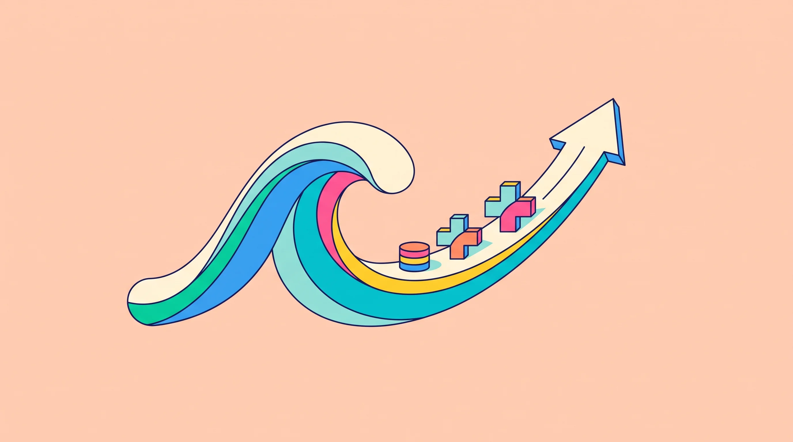 Digital illustration for article section "Part of a Bigger Wave" in "Assured Health Raises $19M Series A for AI-Powered Credentialing" - A stylized, minimal conceptual illustration representing a growing wave of healthcare investments, f...