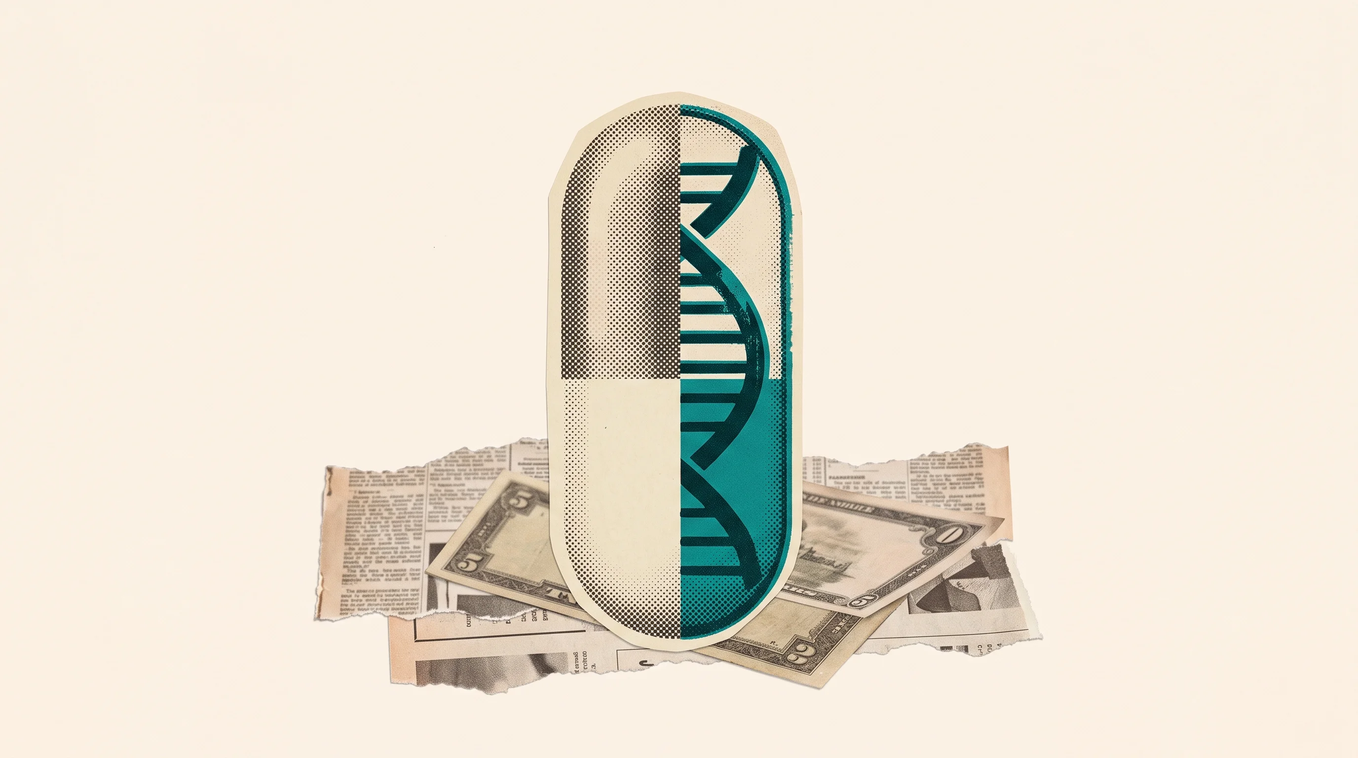 Digital illustration for article section "The AI Biotech Bet Continues" in "Transcripta Bio Raises $24M to Advance AI Drug Discovery Platform" - A minimalist, conceptual vintage collage representing AI-driven drug discovery and massive biotech i...