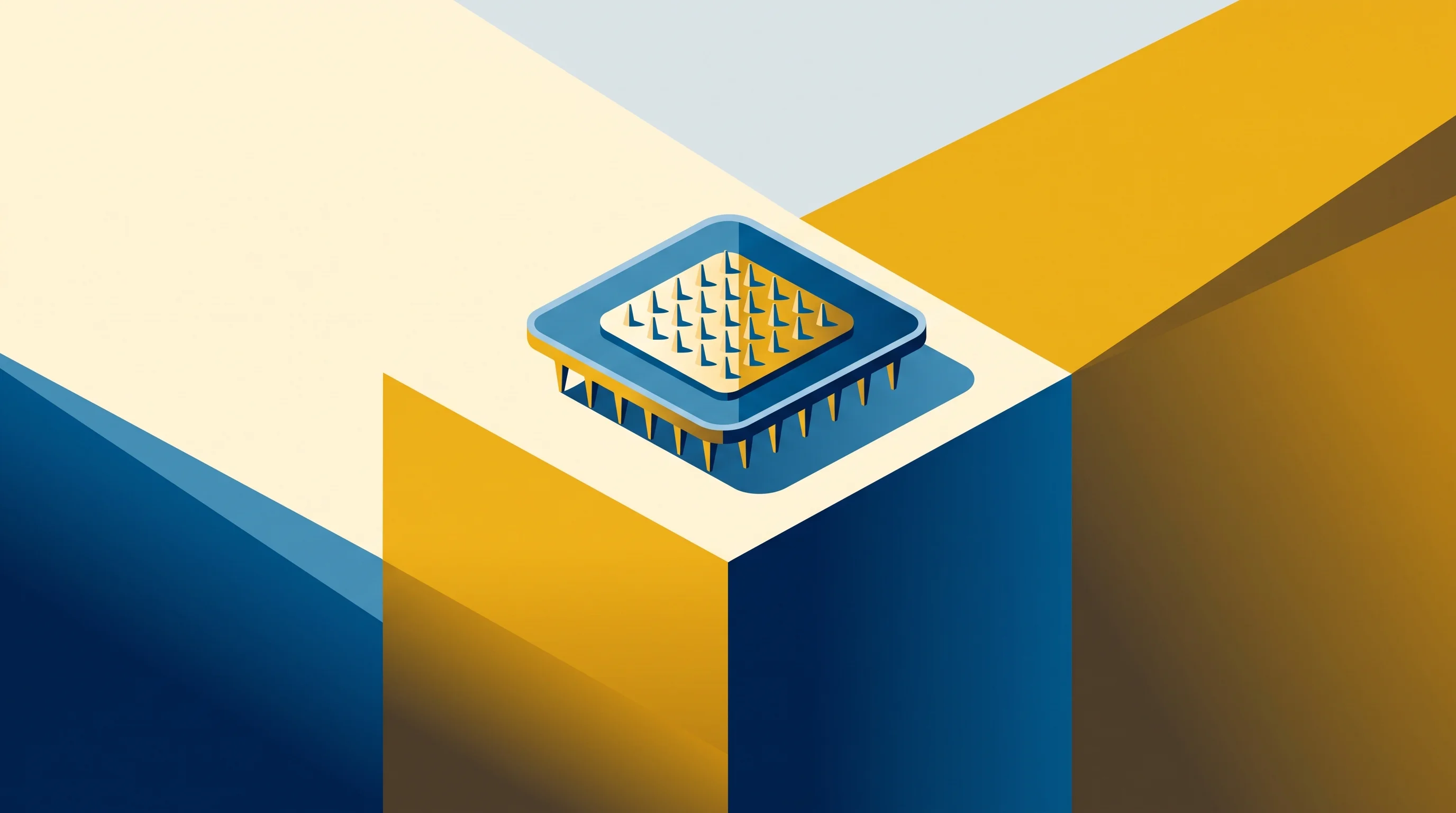 Digital illustration for article section "The Kendall Factor" in "WearOptimo Raises $5.3M Series A for Biosensor Health Patches" - A conceptual, modern representation of biomedical innovation featuring a sleek, square nanopatch wit...