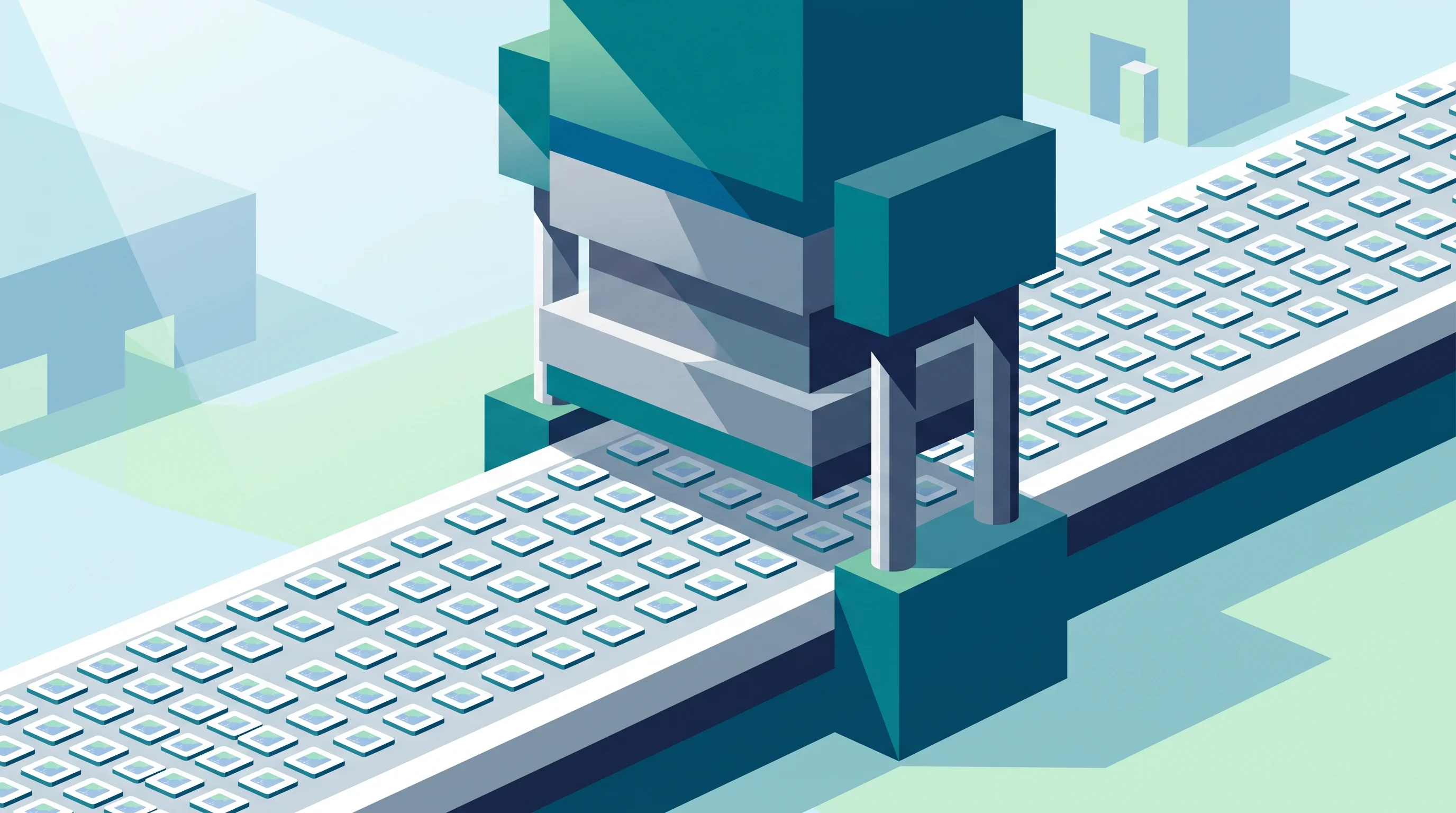 Digital illustration for article section "Manufacturing at Scale—Maybe" in "WearOptimo Raises $5.3M Series A for Biosensor Health Patches" - A sleek, conceptual representation of an advanced manufacturing facility producing health-tech senso...