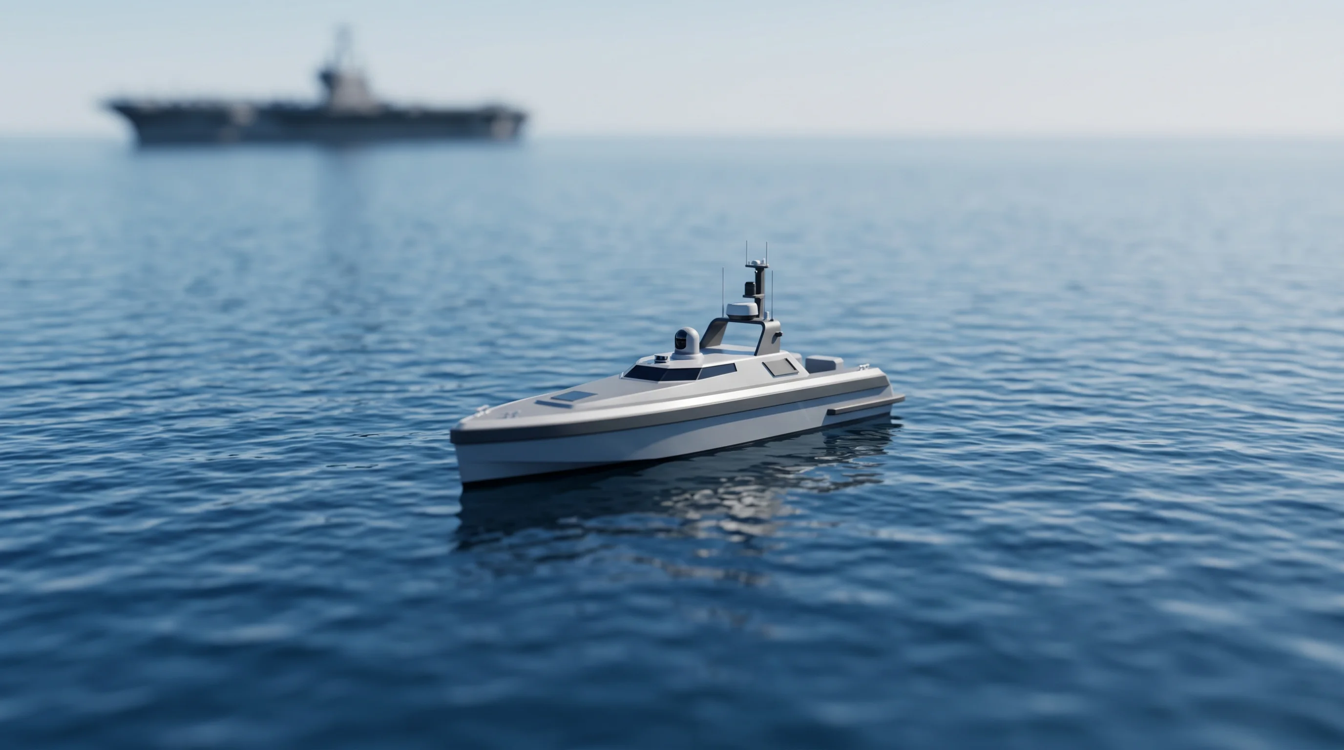 Digital illustration for article section "Not Alone in the Water" in "Andrenam Raises $18M Series A for AI Maritime Sensing Network" - A sleek, modern autonomous surface vessel floating on calm, deep blue ocean water, representing a ne...