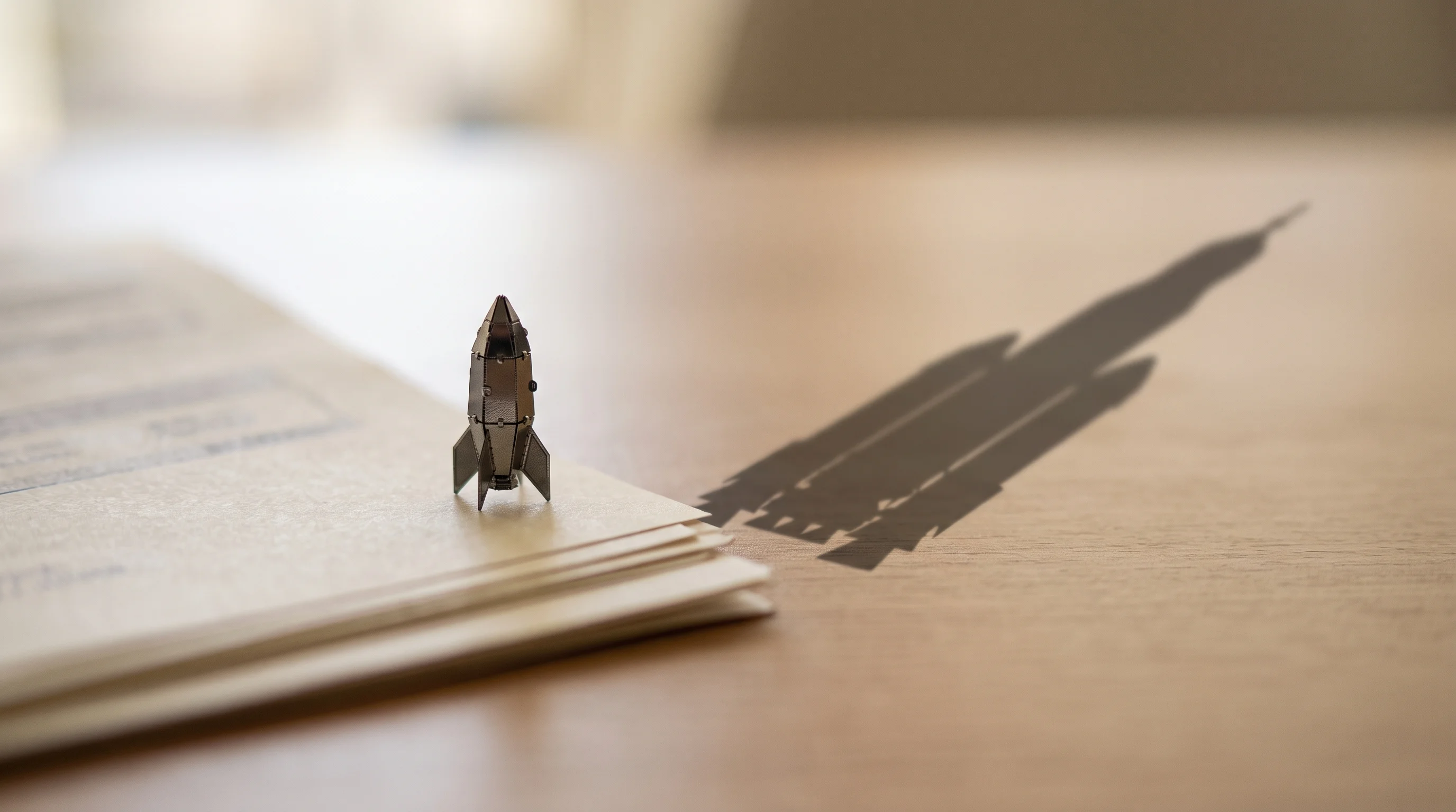 Digital illustration for article section "The Hard Part Comes Next" in "Andrenam Raises $18M Series A for AI Maritime Sensing Network" - A macro photography shot of a tiny, intricately detailed metallic origami rocket resting on a stack ...