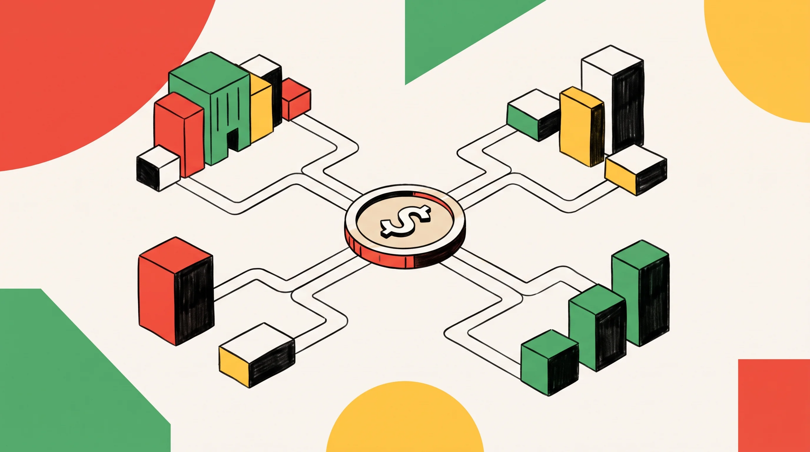 Digital illustration for article section "Where the Money Goes" in "Imagi Raises $4.5M Seed to Build 'Education Layer' for AI Tools" - A minimalist illustration conceptualizing the strategic allocation of financial capital, featuring a...