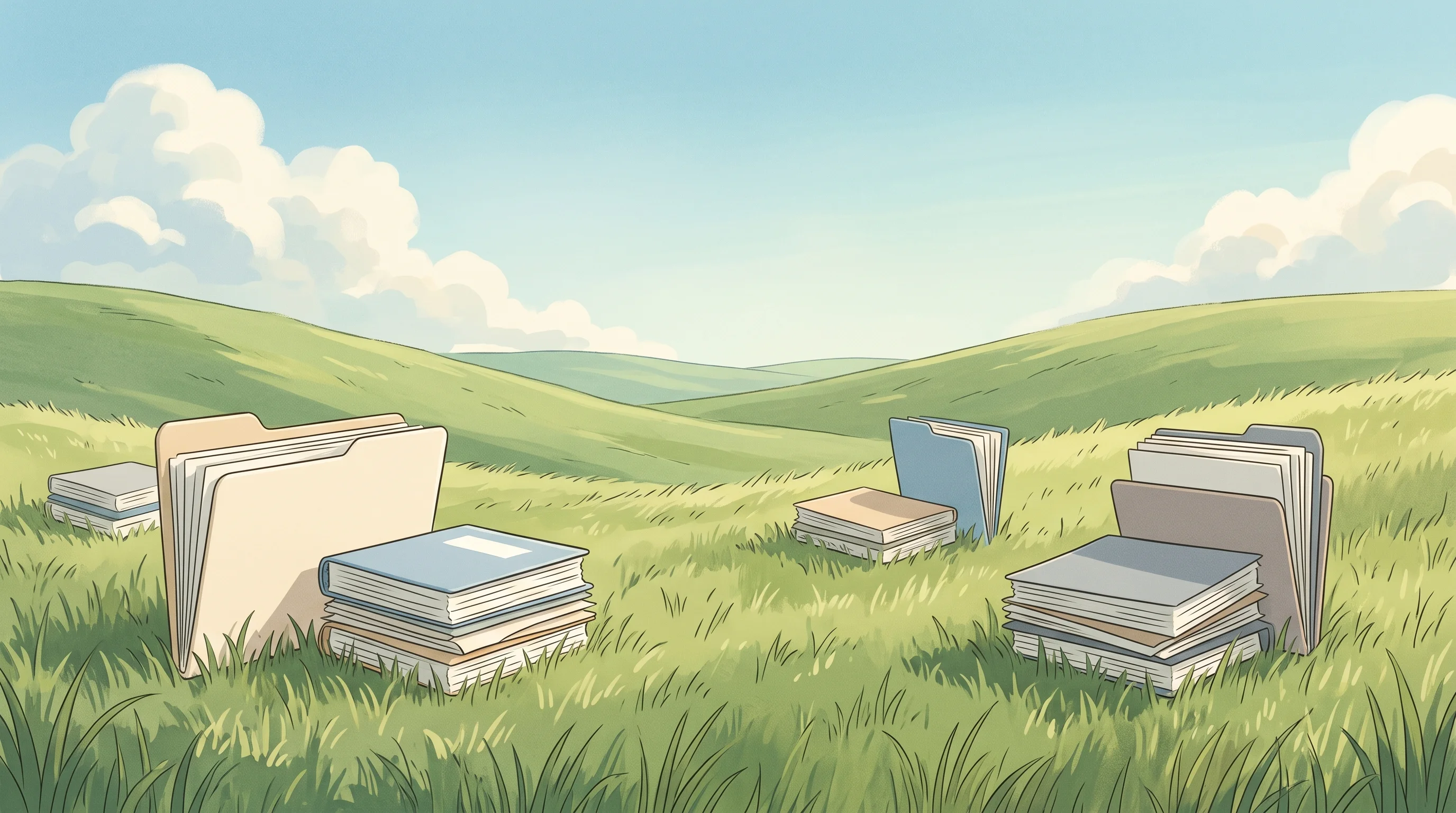 Digital illustration for article section "A Crowded Field, With Room to Run" in "SiftMed Lands $5M CAD Seed to Cut Insurance Claims Review by 70%" - A serene, wide-open grassy meadow symbolizing an industry with room to run, featuring several distin...