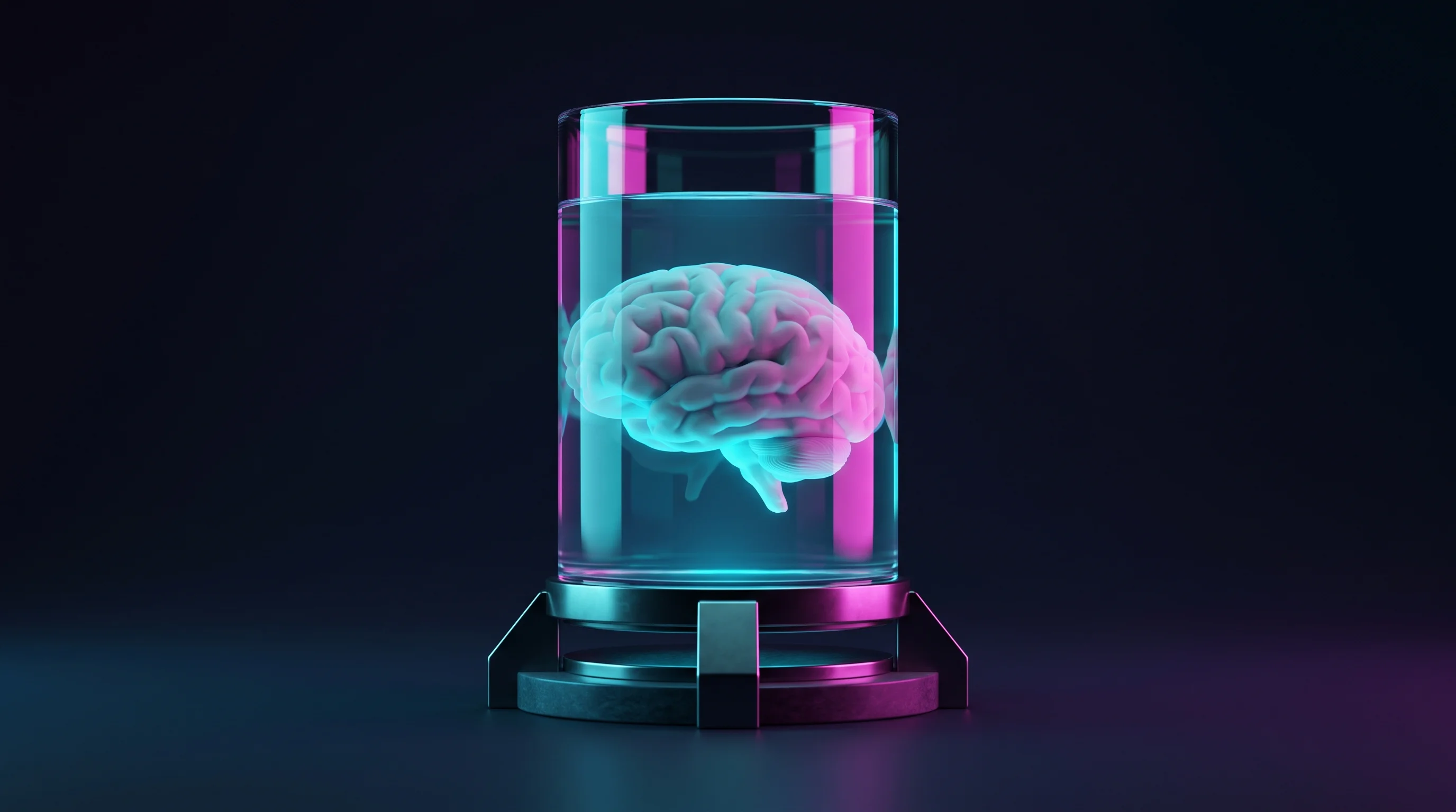 Digital illustration for article section "The Startups Racing to Industrialize Wetware" in "Living Compute: Startups Train Human Brain Cells to Run AI" - A minimalist, conceptual representation of "wetware infrastructure" featuring a single, sleek, trans...