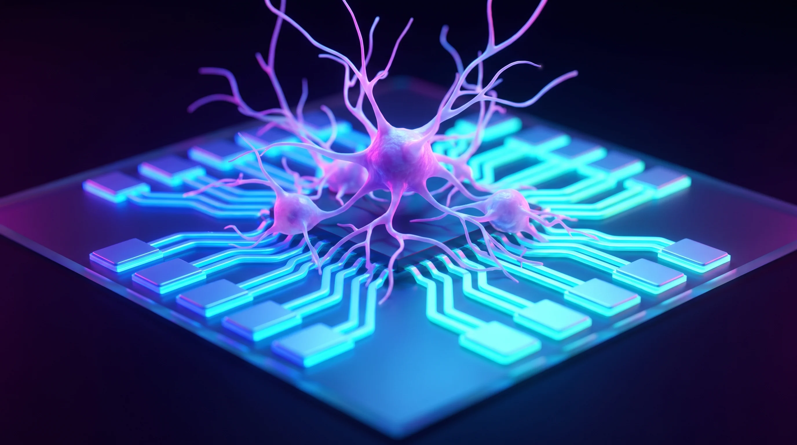 Digital illustration for article section "How Wetware Actually Works" in "Living Compute: Startups Train Human Brain Cells to Run AI" - A striking, minimalist macro visualization of biohybrid computing, featuring a delicate cluster of l...