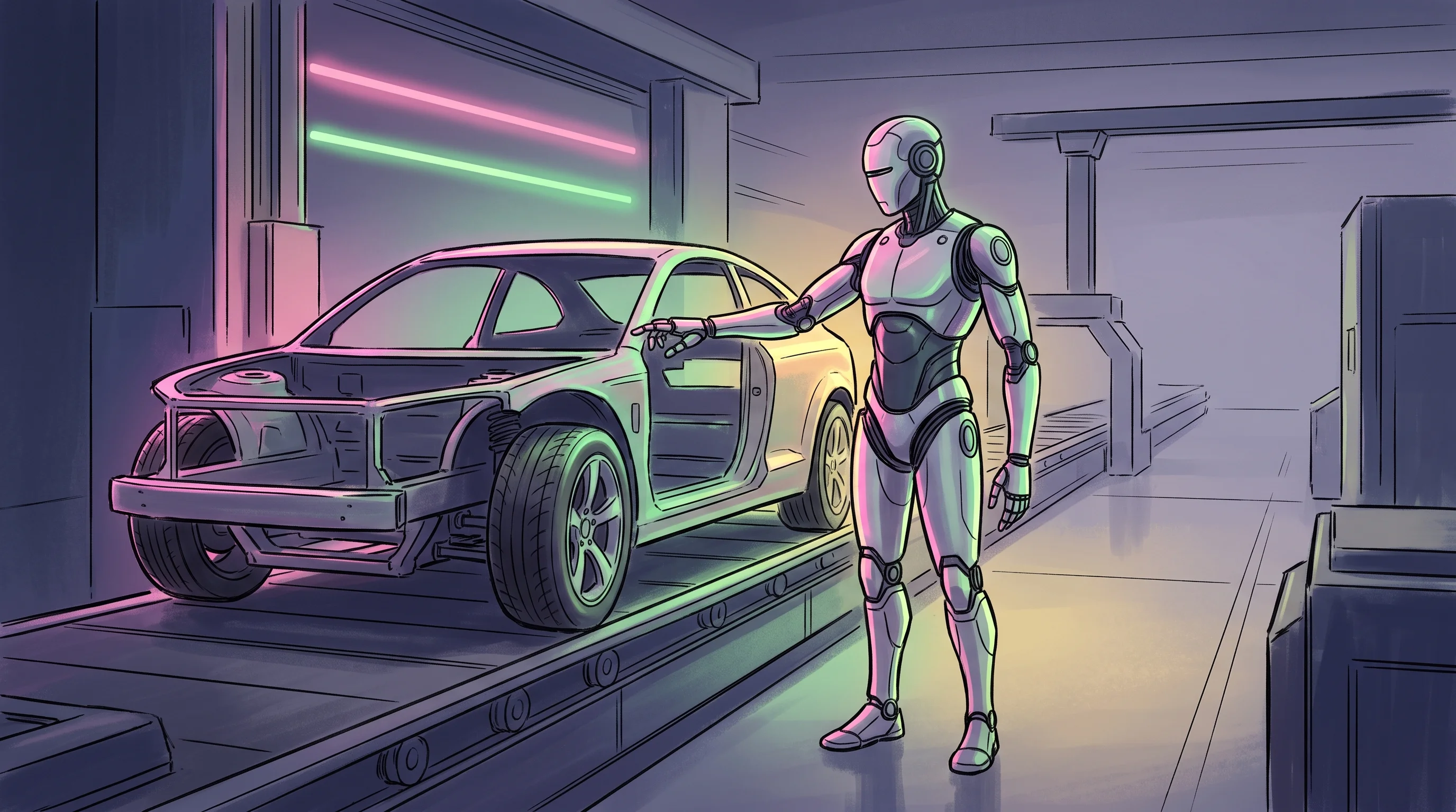 Digital illustration for article section "Real Deployments, Real Data Loops" in "The Data Gold Rush: How Praxis AI Plans to Feed the Humanoid Robot Boom" - A sleek, modern humanoid robot standing as the solitary focal point on a clean, minimalist automotiv...