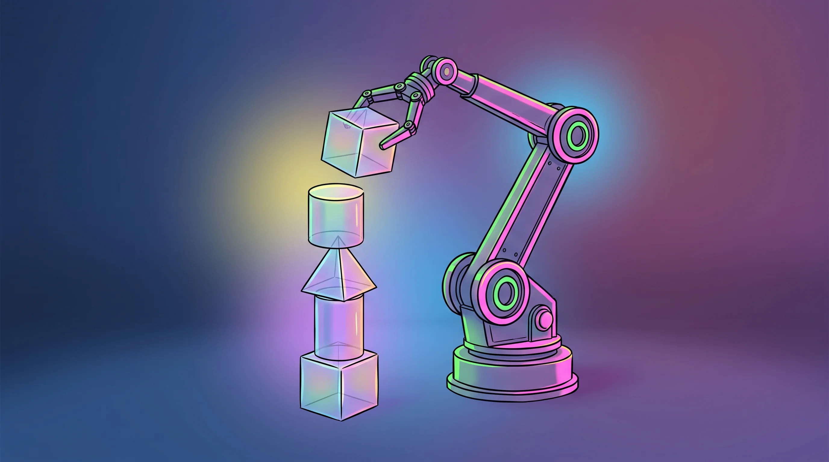 Digital illustration for article section "The Technical Stack Matures" in "The Data Gold Rush: How Praxis AI Plans to Feed the Humanoid Robot Boom" - A sleek, minimalist robotic arm delicately organizing a vertical stack of smooth, translucent geomet...