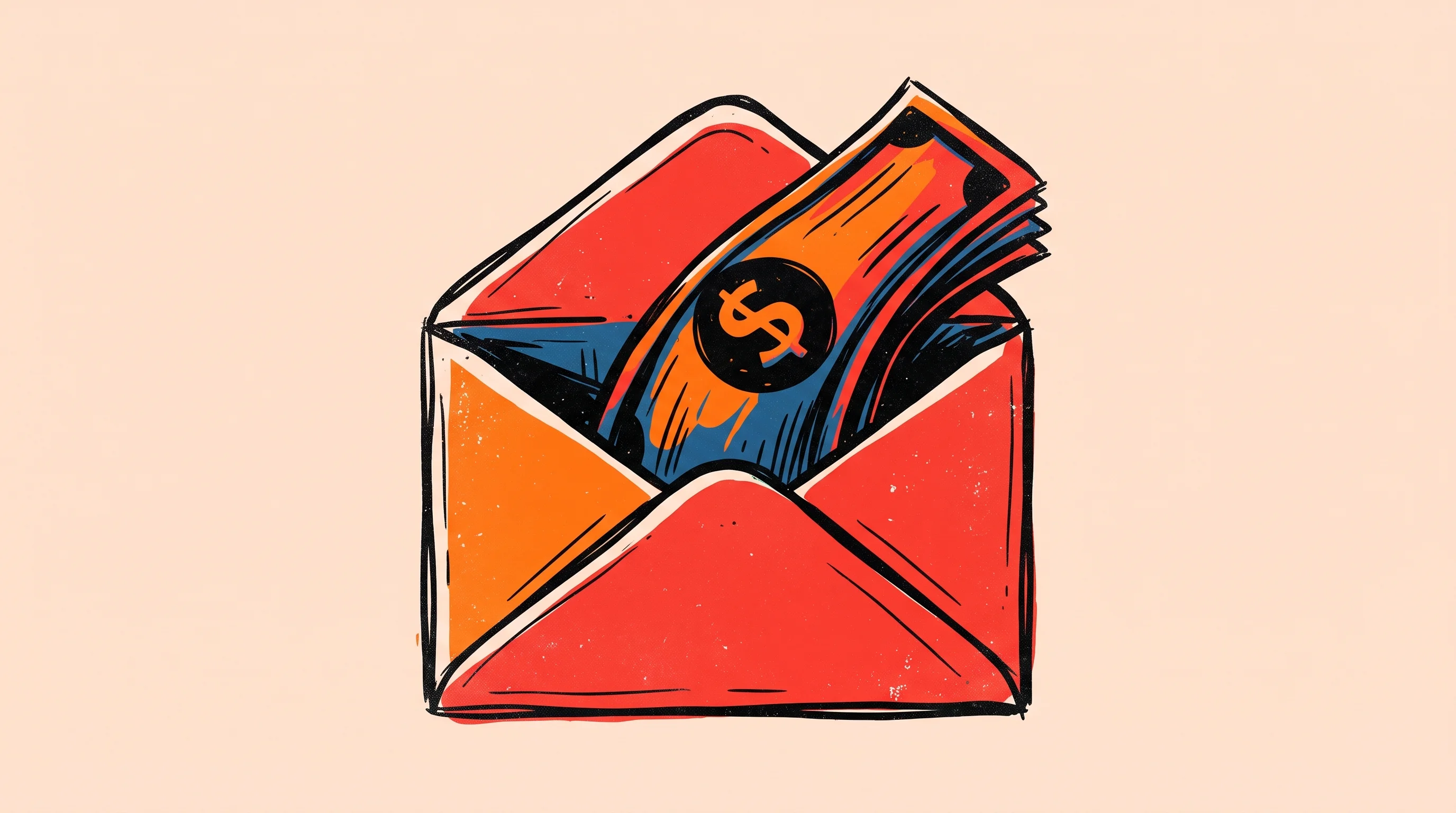 Digital illustration for article section "The $20 Billion Problem" in "AegisAI Raises $36M Series A to Stop AI-Driven Phishing Attacks" - A minimalist, conceptual illustration of a large, opened business email envelope with a massive, sty...