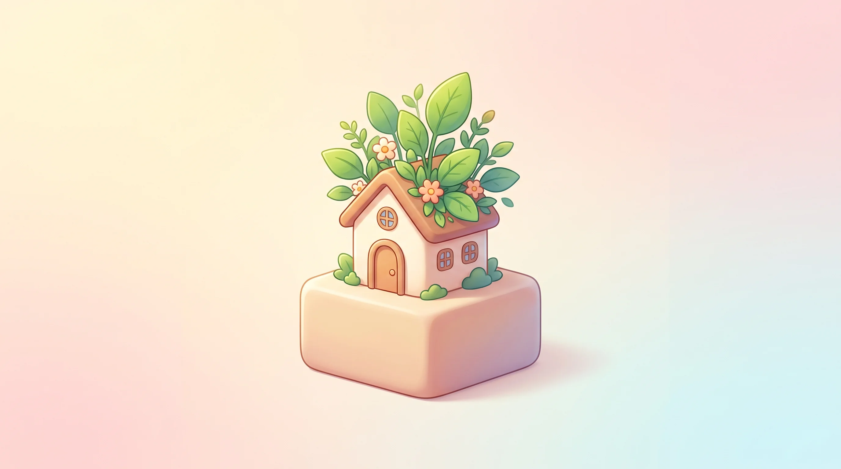 Digital illustration for article section "The Studio Model Pays Off" in "Furbnow Raises $3.3M Seed to Scale UK Home Energy Retrofit Platform" - A minimalist, conceptual illustration of a small, charming eco-friendly house with vibrant green lea...