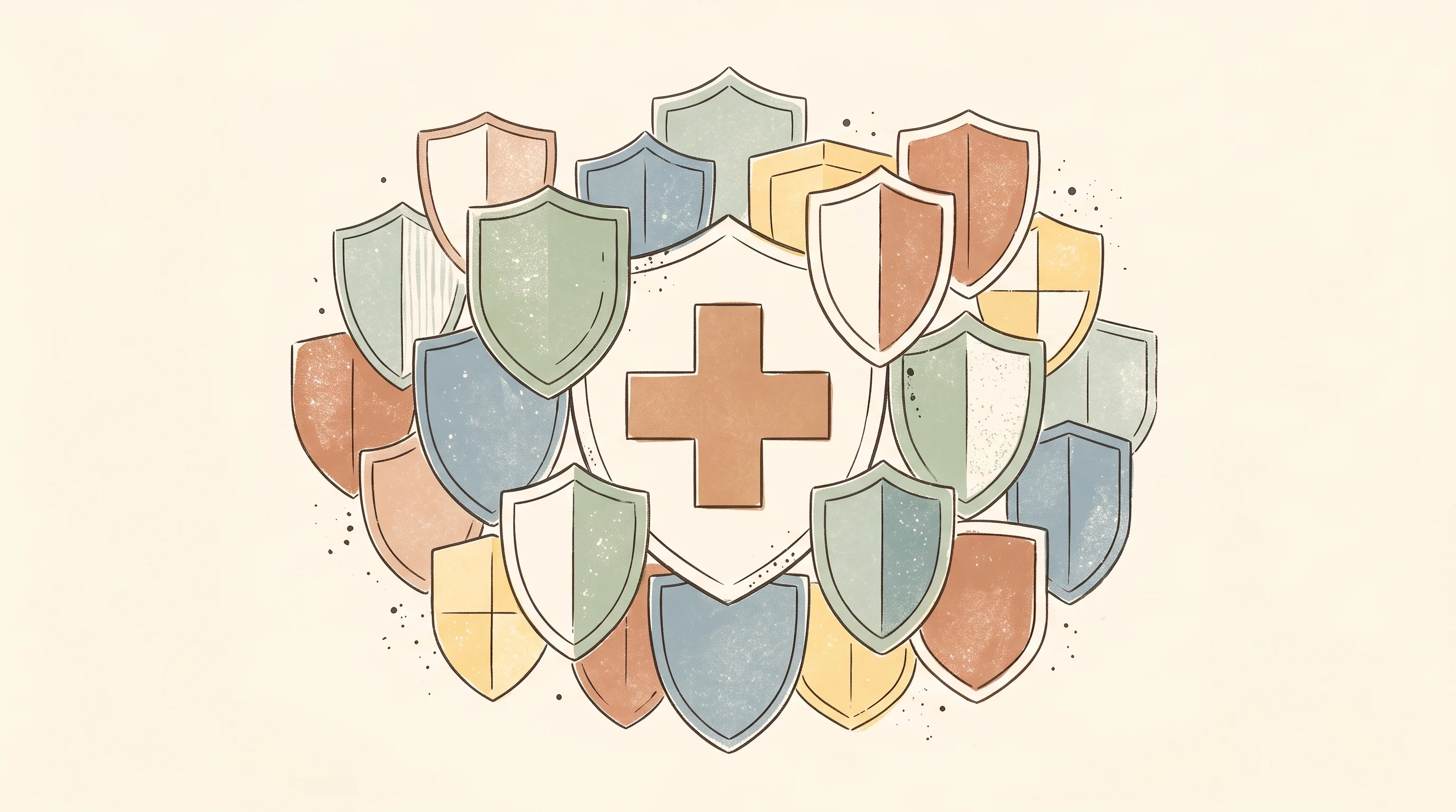 Digital illustration for article section "A Crowded Field" in "SecurITe Raises Double-Digit Million Seed for Healthcare AI Security" - A conceptual and minimalist illustration representing a crowded healthcare cybersecurity market, fea...