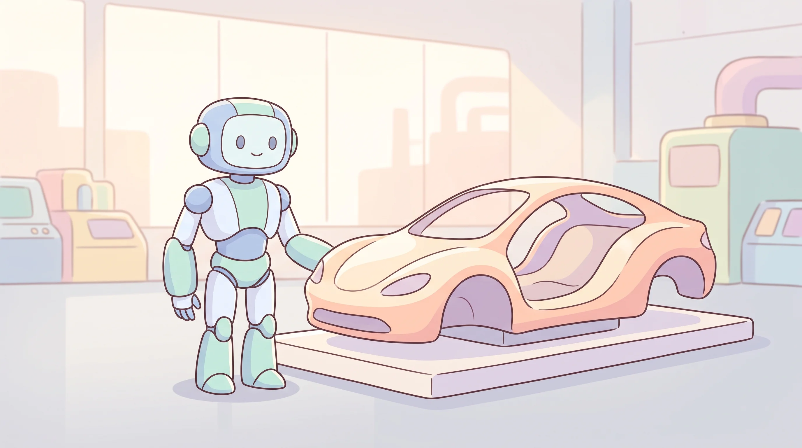 Digital illustration for article section "A Market Beginning to Hum" in "i-LogiX Targets EU Factories With Humanoid Robot Platform" - A sleek, simplified humanoid robot standing gracefully next to an abstract, smooth car chassis in a ...