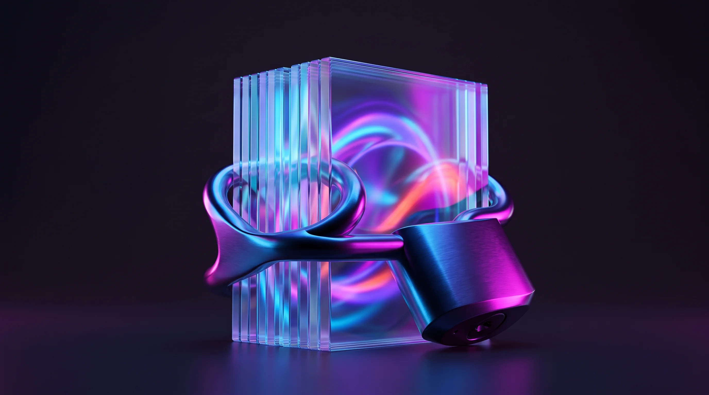 Digital illustration for article section "The Security Question" in "Basedash Opens Developer Platform for Embedded AI Analytics" - A sleek, modern, abstract metallic padlock securing a pristine stack of translucent glass panes, con...