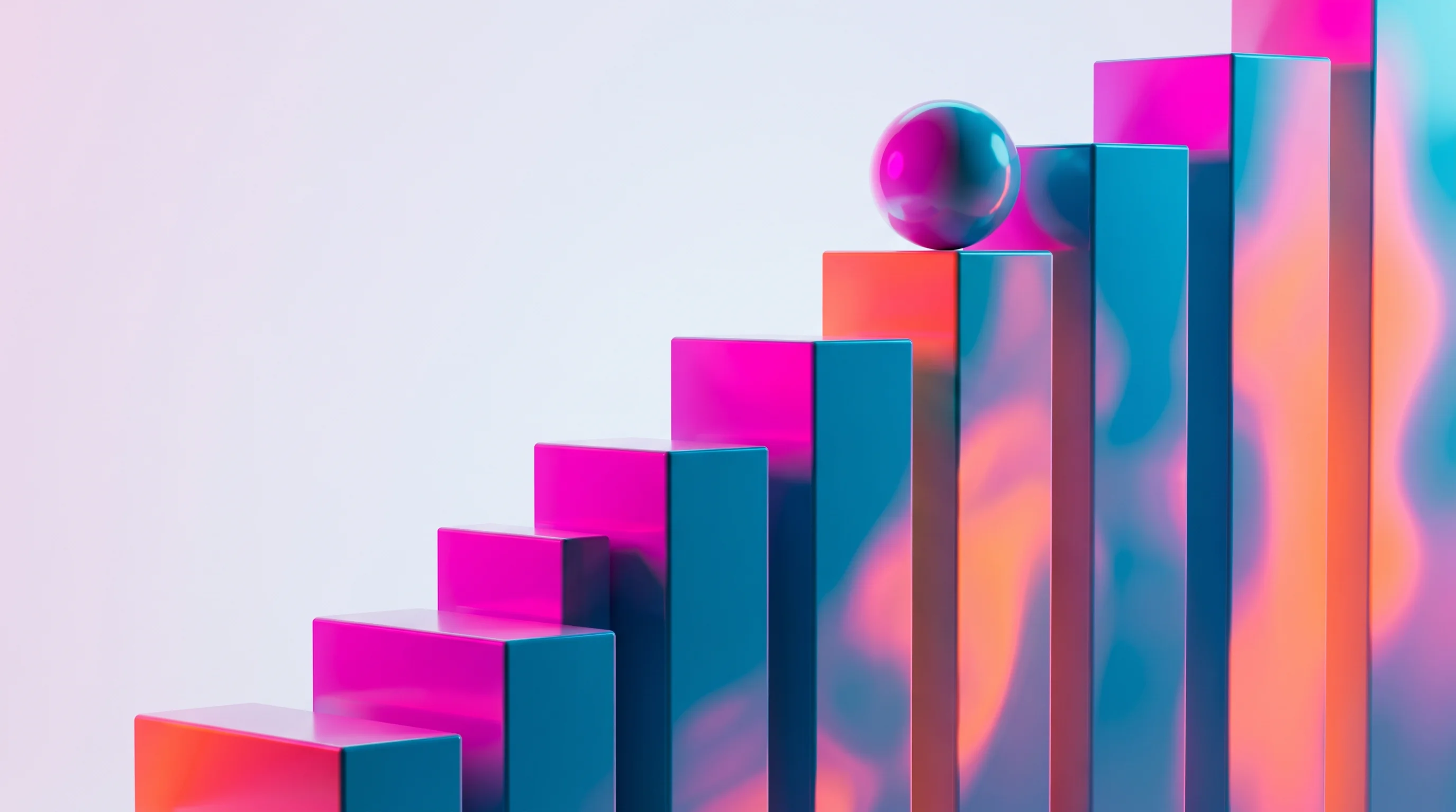 Digital illustration for article section "What Happens Next" in "Why AI Agents Fail at Work: The Race to Build Real Workflow Data" - A minimalist, conceptual composition featuring a sleek, abstract staircase of smooth, modern pillars...