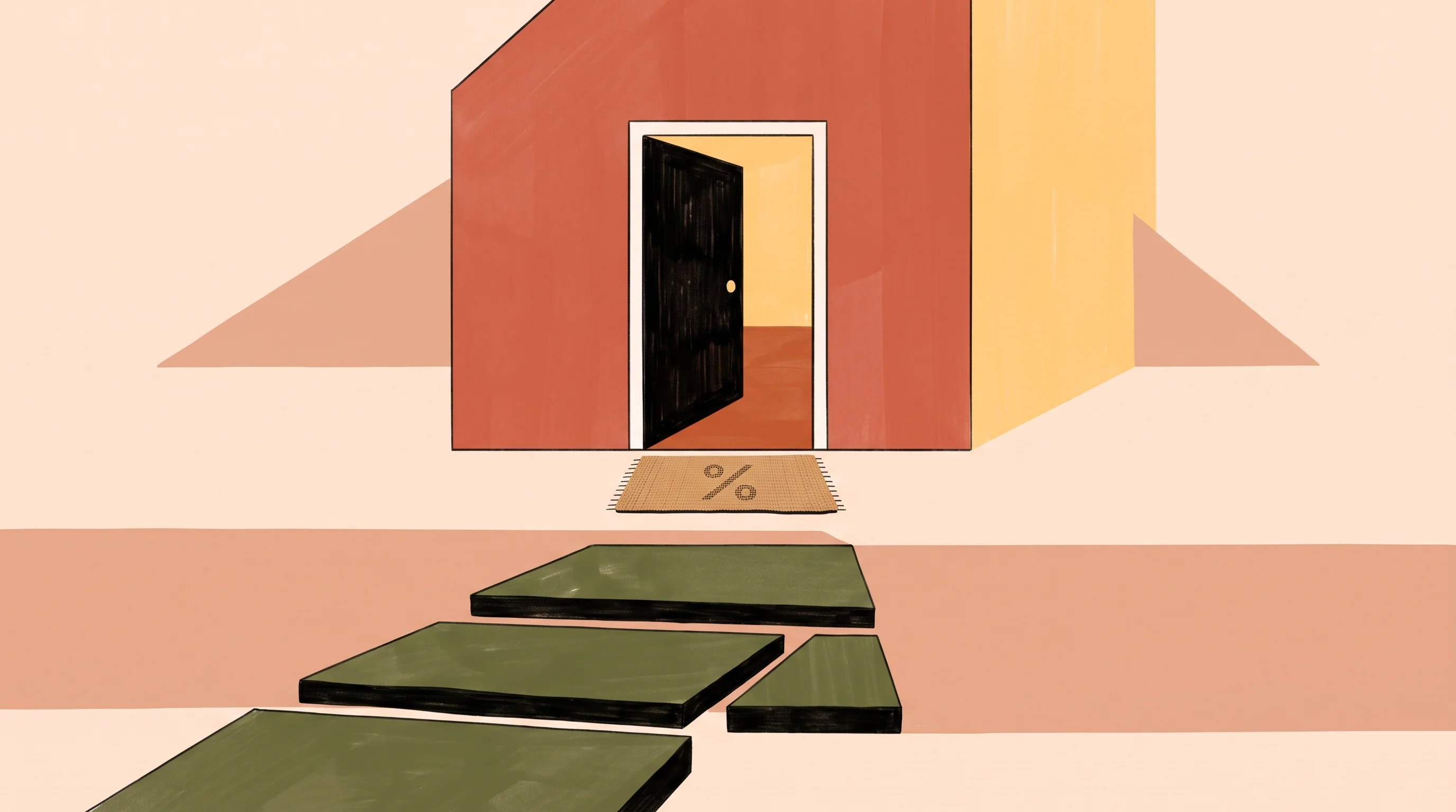 Digital illustration for article section "What Customers Get Now" in "After £8M Series A, Wayhome Pivots Its Homeownership Model" - A warm minimalist illustration of a simple, modern house facade with an inviting open door, approach...