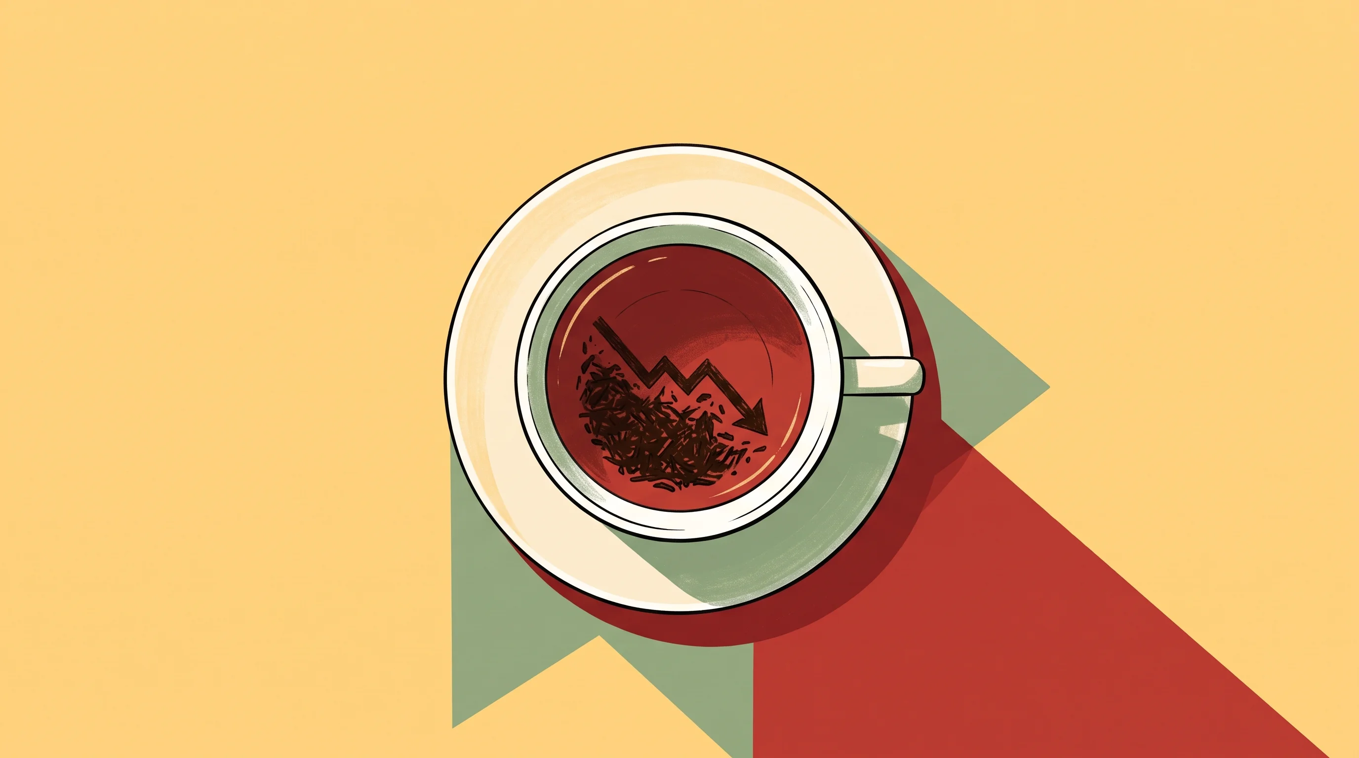 Digital illustration for article section "Reading the Tea Leaves" in "After £8M Series A, Wayhome Pivots Its Homeownership Model" - A minimalist illustration viewed from directly above, featuring a clean, modern teacup resting on a ...