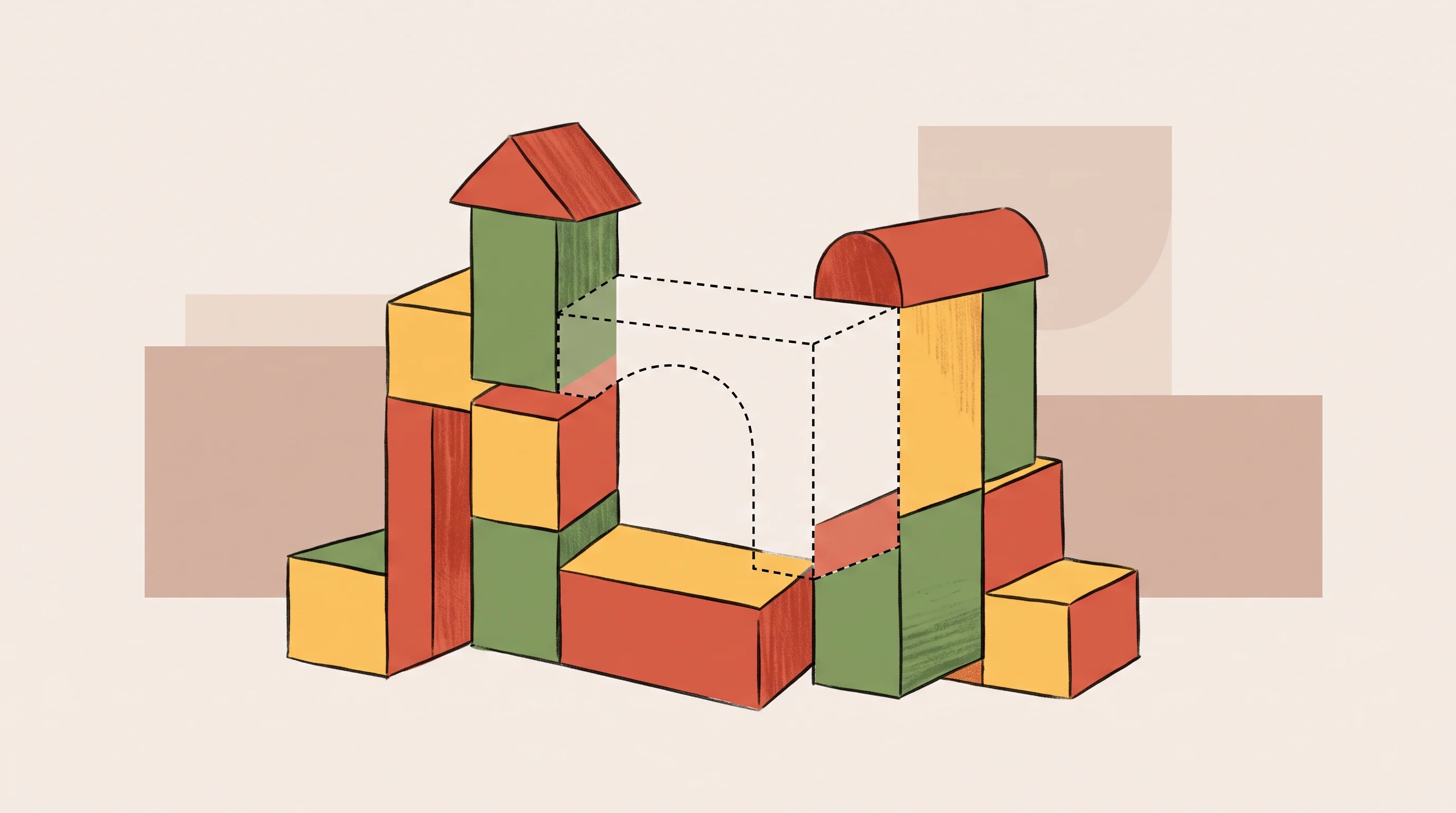 Digital illustration for article section "Lessons in Execution" in "After £8M Series A, Wayhome Pivots Its Homeownership Model" - A minimalist illustration of a conceptual architectural structure made of simple building blocks, re...